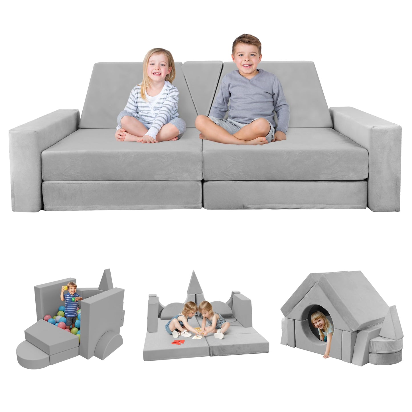 YEFU 15pcs Modular Kids Play Couch, Kids Couch for Toddler & Children, Toddler couches, Kid Couches Fort Building kit for Playroom Furniture, Kid Play Couches, Convertible Sofa for Boys & Girls, Grey