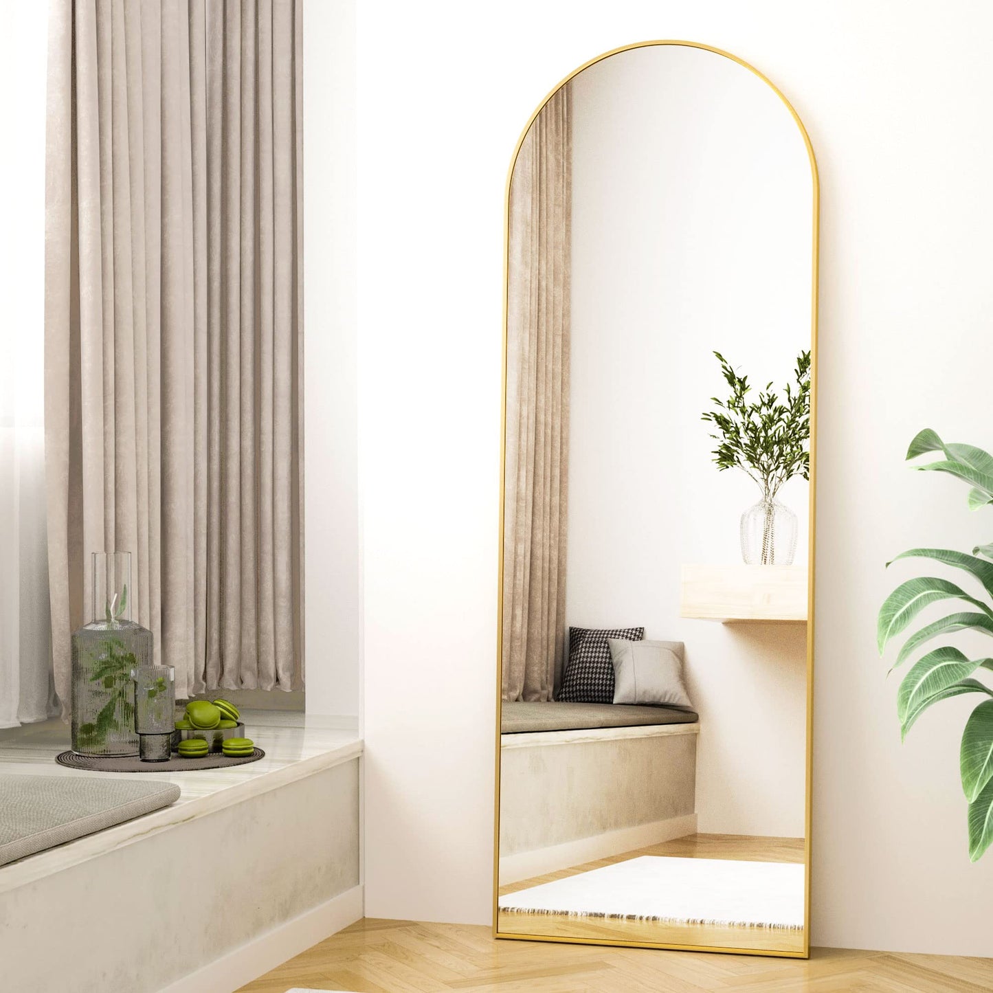 HARRITPURE 64"x21" Arched Full Length Mirror Free Standing Leaning Hanging Mounted Mirror Aluminum Frame Modern Simple Home Decor for Living Room Bedroom Cloakroom, Gold