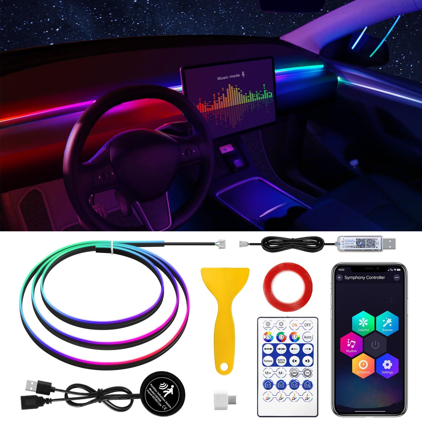 Tesla Model 3/Y/S/X Dreamcolor Acrylic Interior Car LED Strip Light with Motion Sensor Switch, 55.1 inches Tesla Neon LED Strip Light, RGB Colors Tesla Ambient Lighting Kits