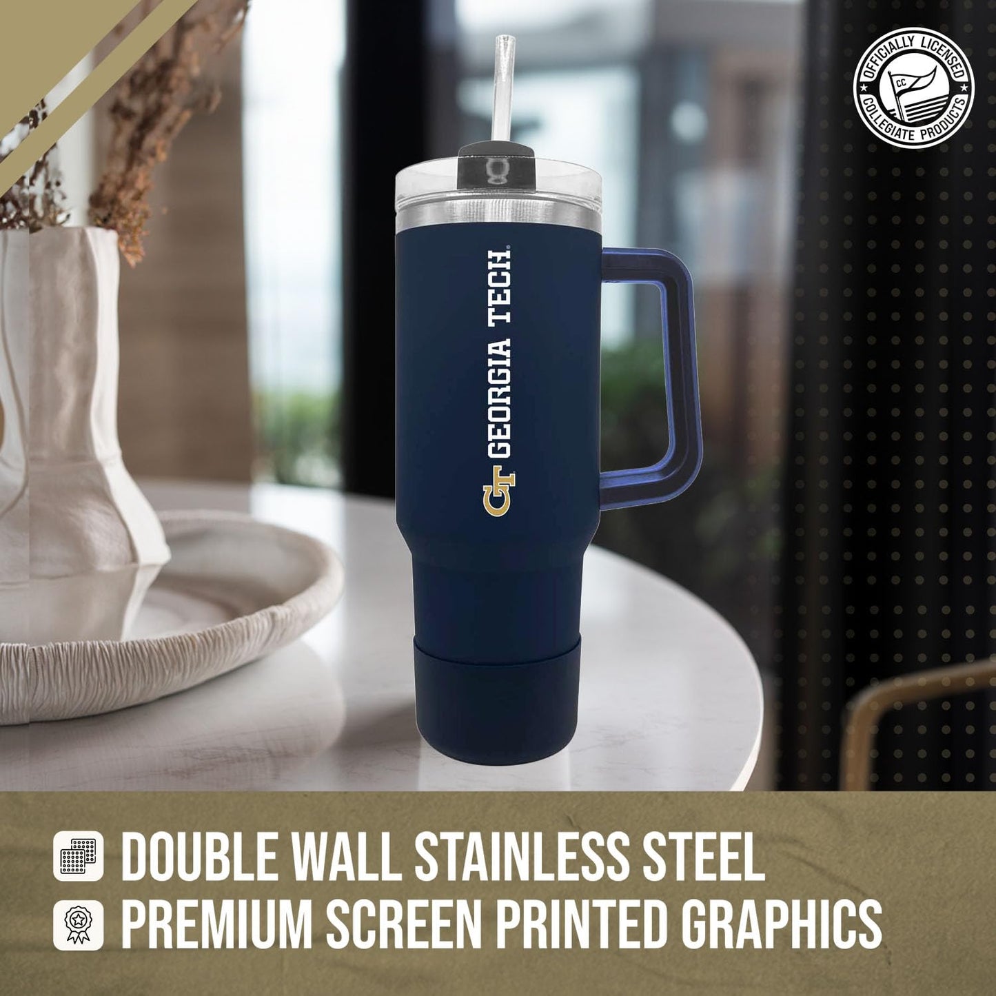 Campus Colors College & University 40 oz Travel Tumbler With Handle - Dual Option Lid With Straw - Vacuum Insulated Stainless Steel (Georgia Tech Yellowjackets - Navy)