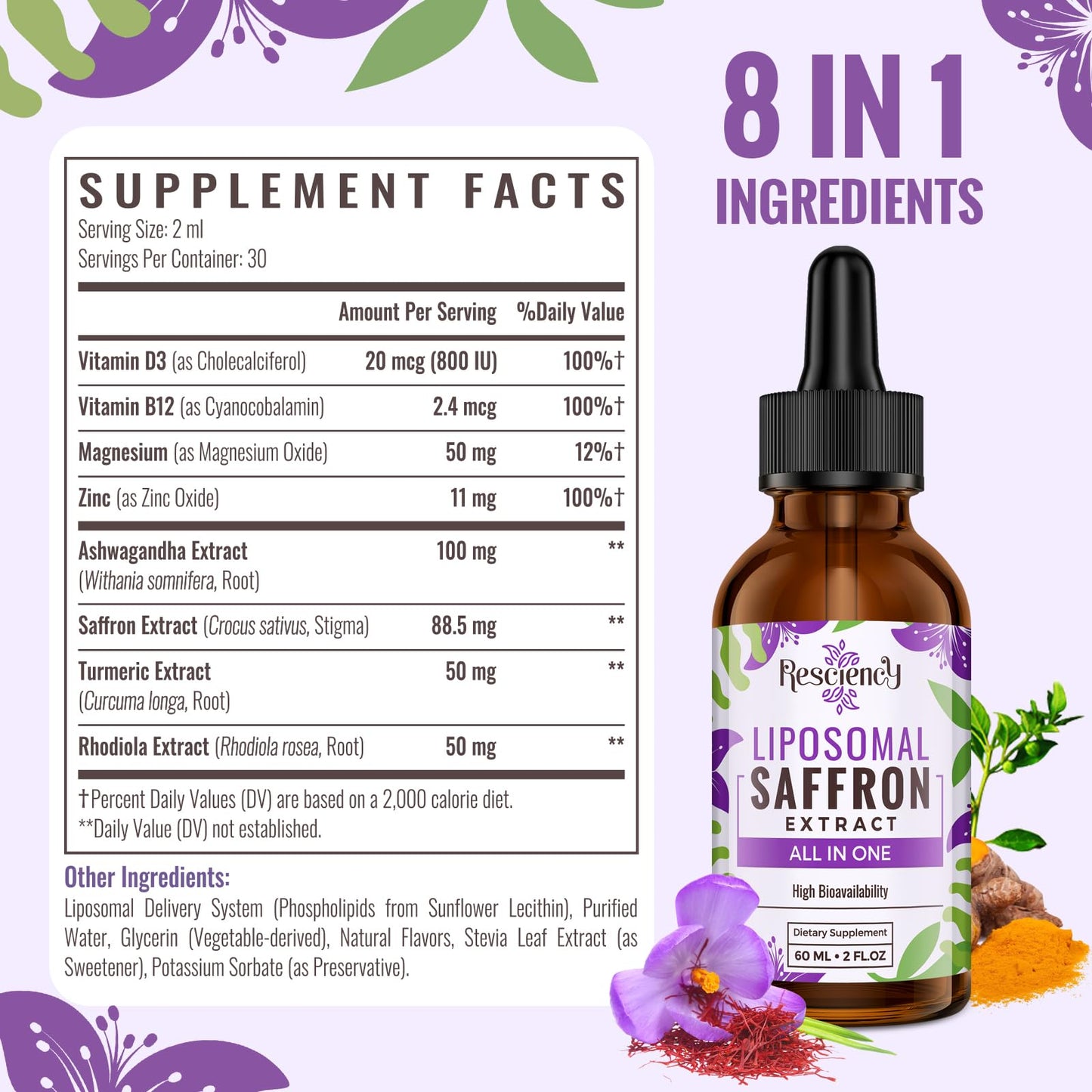 Saffron Supplements - 88.5 mg Saffron Extract Better Bioavailability Liposomal Drops for Mood, Energy, Vision & Focus with Ashwagandha, Turmeric, Magnesium, Zinc, Vitamin B12 & D3, 60 ml, 60 Servings