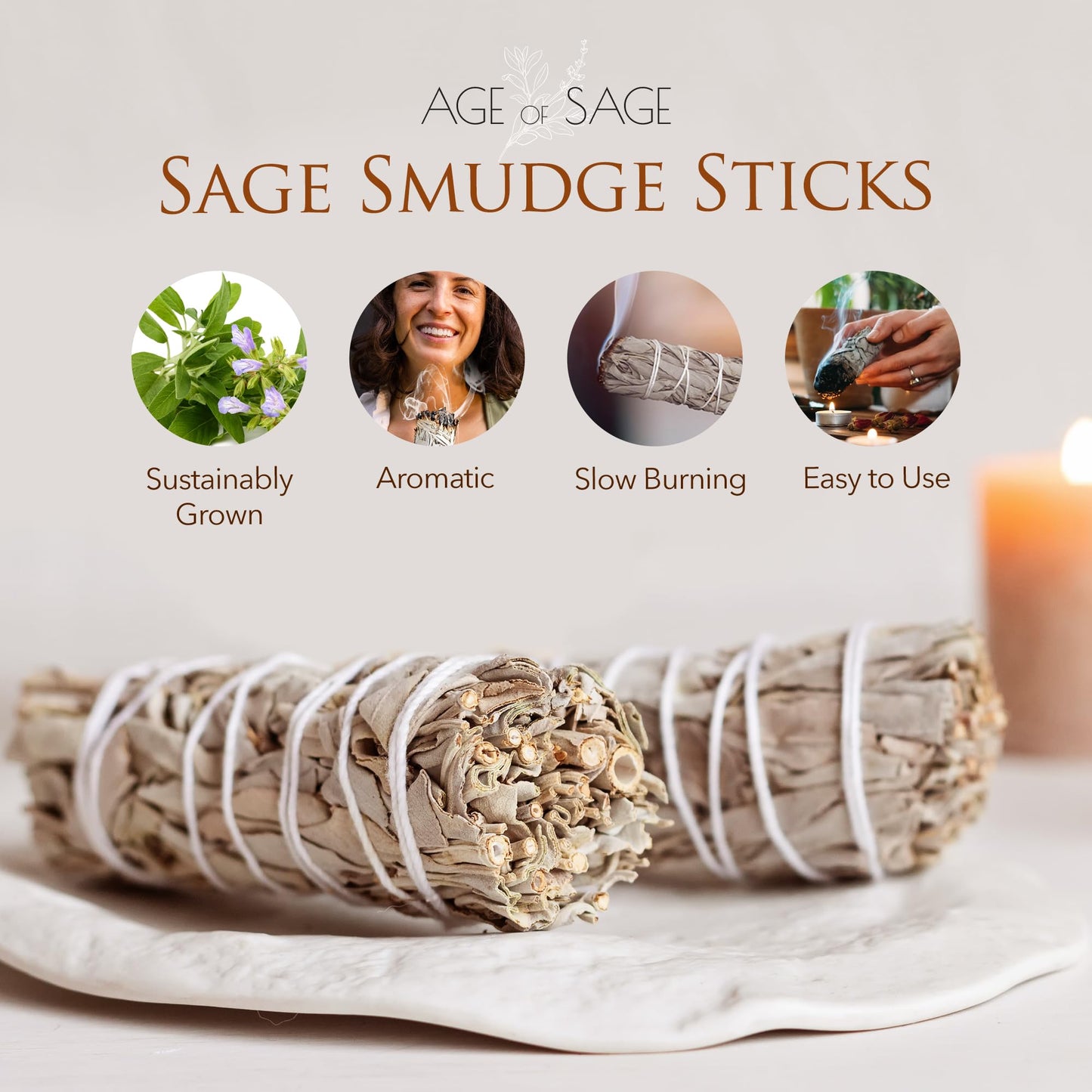 Age of Sage White Sage Smudge Sticks 4" Long - Burning Sage Bundle for Cleansing House, California White Sage Incense Sticks, White Spirit Sage Candles for Cleansing, Salvia Blanca para Limpiar - 3pk