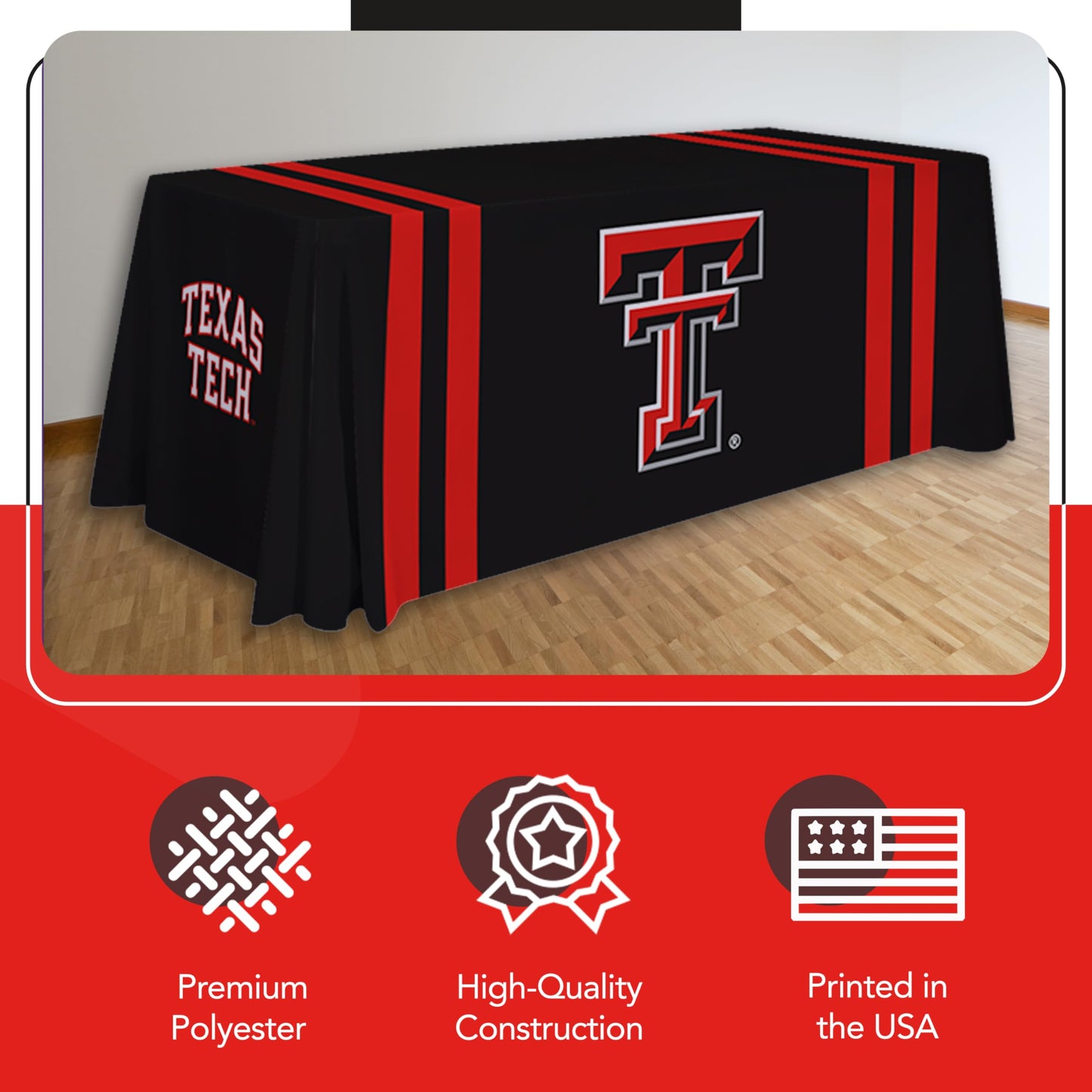 Victory Corps Texas Tech Red Raiders 6' College Sports Printed Table Throw - NCAA Licensed - Polyester Draped - School Tablecloth (Black, Red)