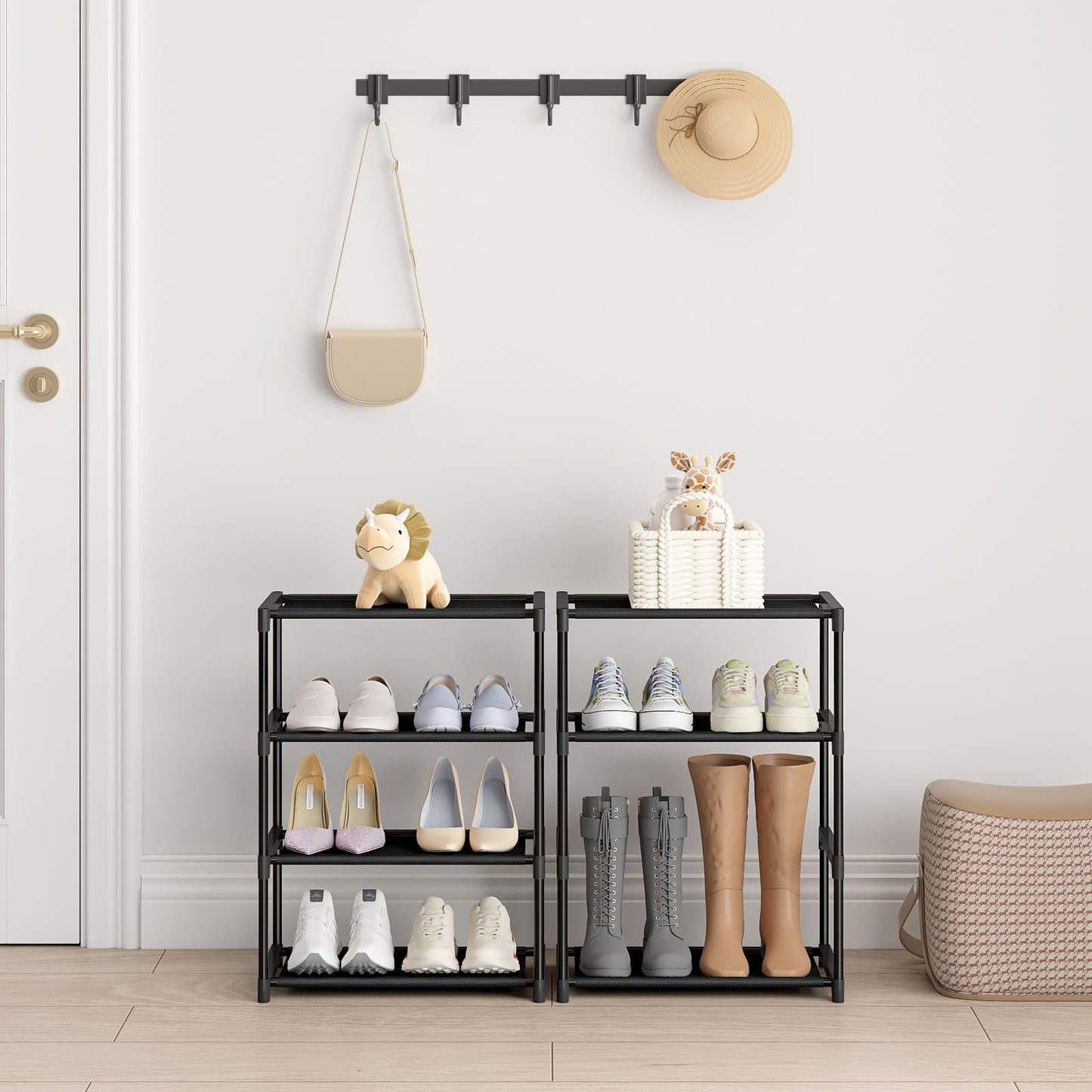 Autonomier 4 Tier Small Shoe Rack, Narrow Stackable Kids Toddler Adult Shoe Storage Organizer Shelf for Closet Floor Entryway Bedroom, Space Saver Shoe Rack Organization Shelves