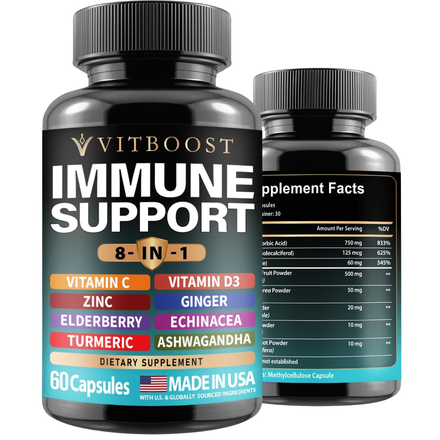 Elderberry Immune Support Supplement 8-in-1 Formula with Echinacea, Vitamin C & Zinc, Vitamin D 5000 IU, Turmeric, Ginger, Ashwagandha – 60 Capsules