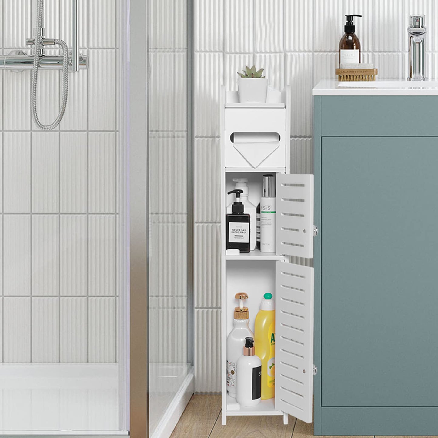 TuoxinEM Storage Cabinet for Small Spaces, Over The Toilet Cabinet for Skinny Bathroom Storage Corner Floor, Slim Paper Storage with 2 Doors & Shelves (White)