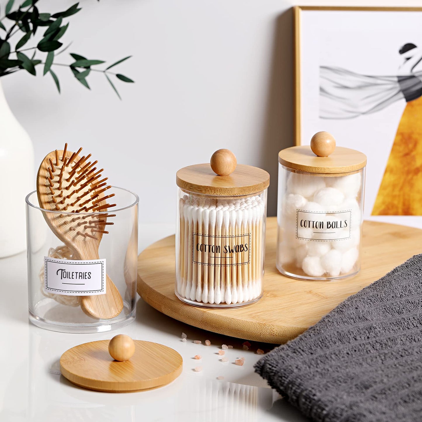 3 Pack Qtip Holder Dispenser with Bamboo Lids - Apothecary Jar Containers for Vanity Organizer Storage - Bathroom Accessories Set for Cotton Swab, Ball, pads, floss