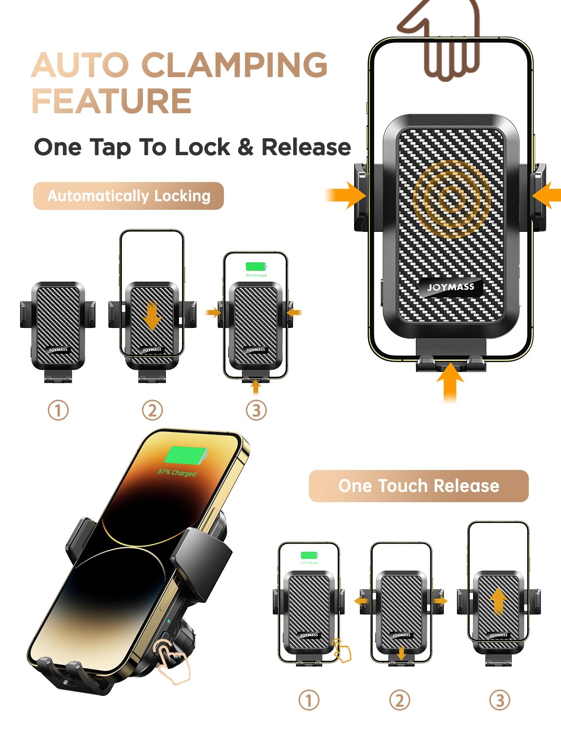 JOYMASS Wireless Car Charger, Phone Holders for Your Car, 15W Auto Clamping Phone Mount Car Accessories for iPhone 16 15 14 13 12 Mini Pro Max 11 XR XS, Samsung Galaxy S24 Ultra S23 S22+ Note 20, etc
