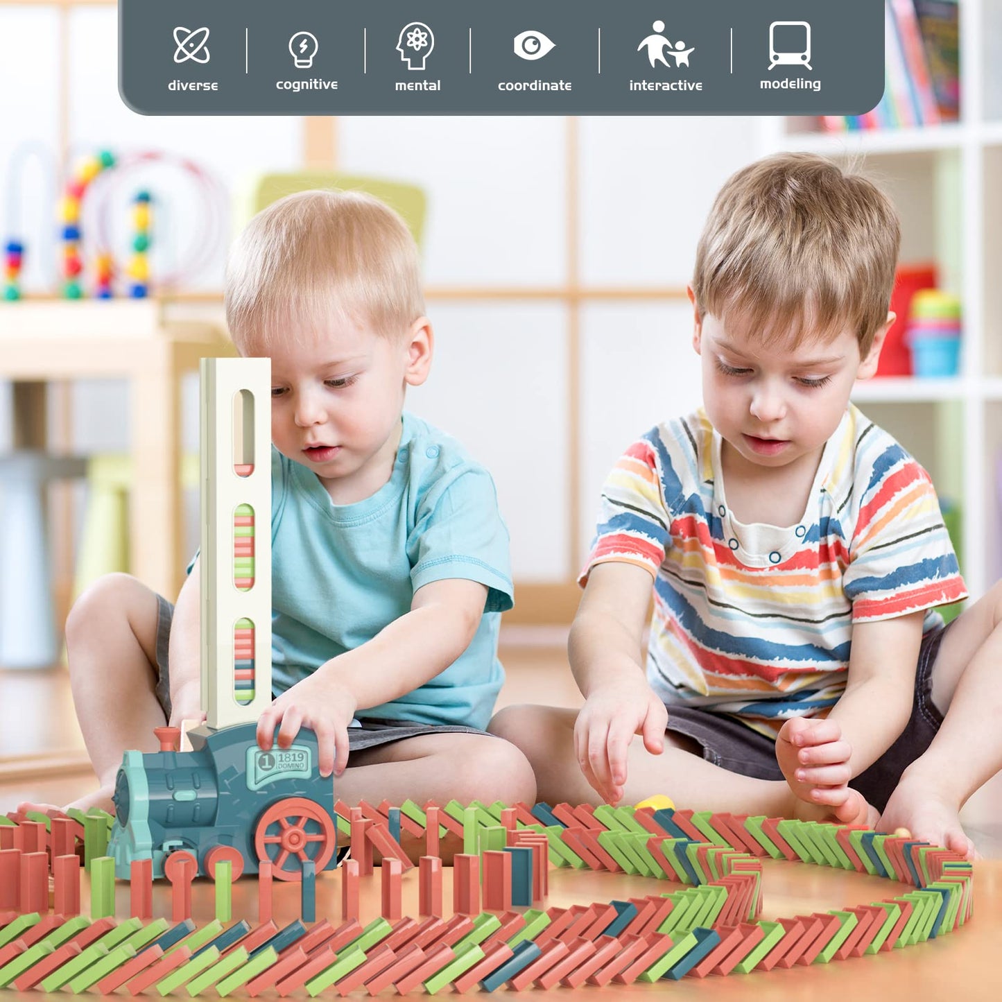 PREPHY Kids Games Domino Train Toys: 180PCS Automatic Stacking Creative Game 3+ Year Old - Stem Montessori Toy for Boys 4-6 - Summer Autistic Christmas Birthday Gifts 5 6 Toddler Girls Ages 4-8