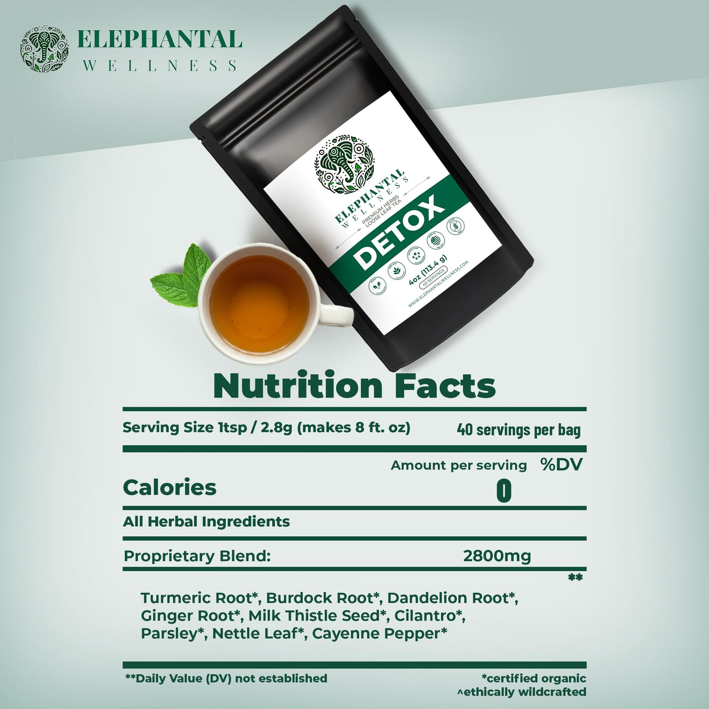 Elephantal Wellness Detox Tea – Loose Leaf Herbal Tea for Liver, Kidney and Blood, Digestion Support with Milk Thistle, Dandelion Root Tea, Ginger, Nettle & Burdock Root - 4oz, 40 Servings