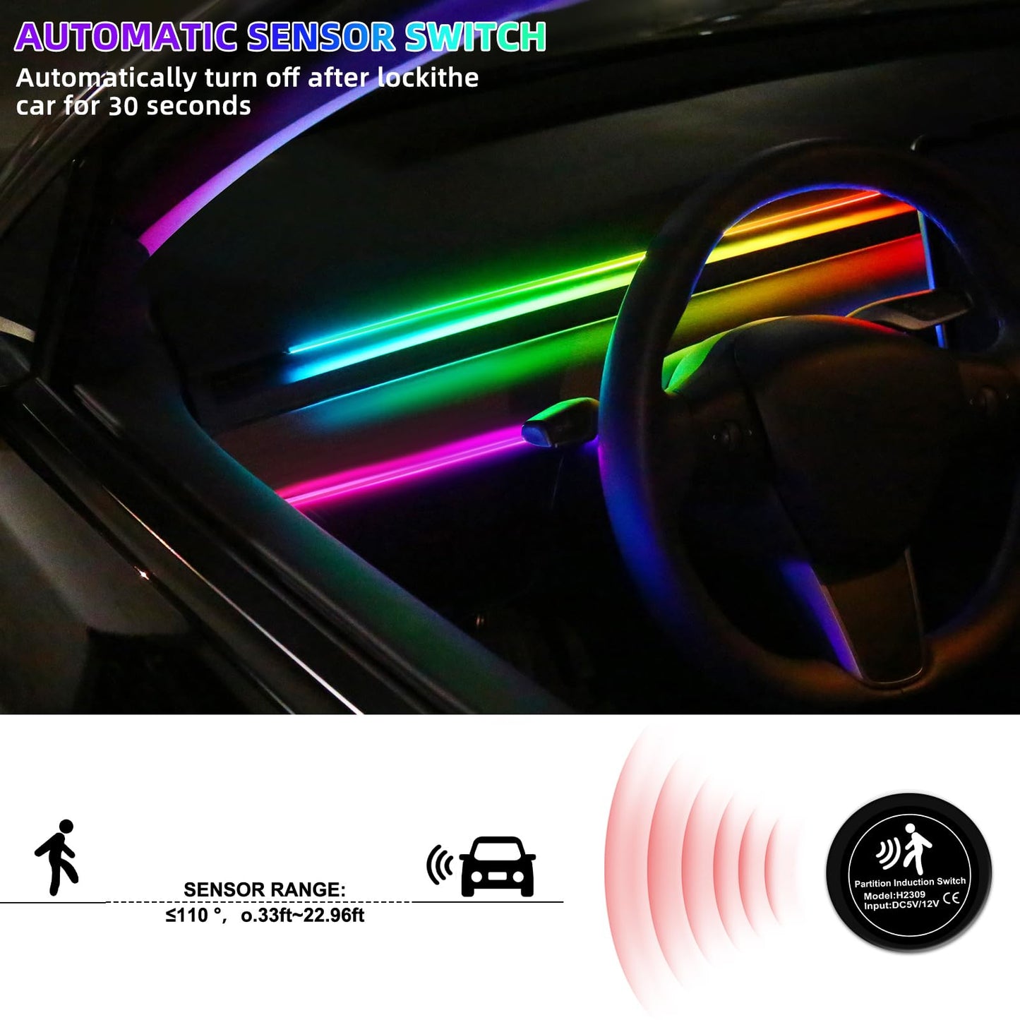 Tesla Model 3/Y/S/X Dreamcolor Acrylic Interior Car LED Strip Light with Motion Sensor Switch, 55.1 inches Tesla Neon LED Strip Light, RGB Colors Tesla Ambient Lighting Kits