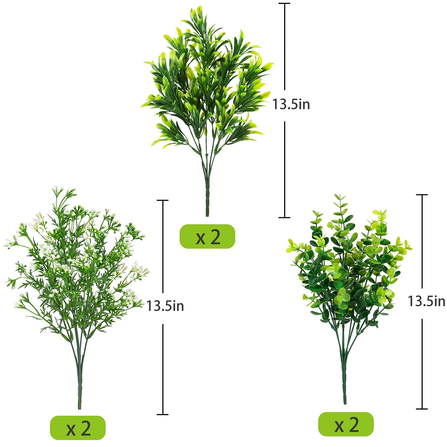 Ouddy Decor 6 Bundles Artificial Greenery Stems Mixed Fake Plants Eucalyptus Stems Babys Breath Faux Plastic Artificial Plants & Flowers for Outdoor Indoor Garden Home Window Box Decor