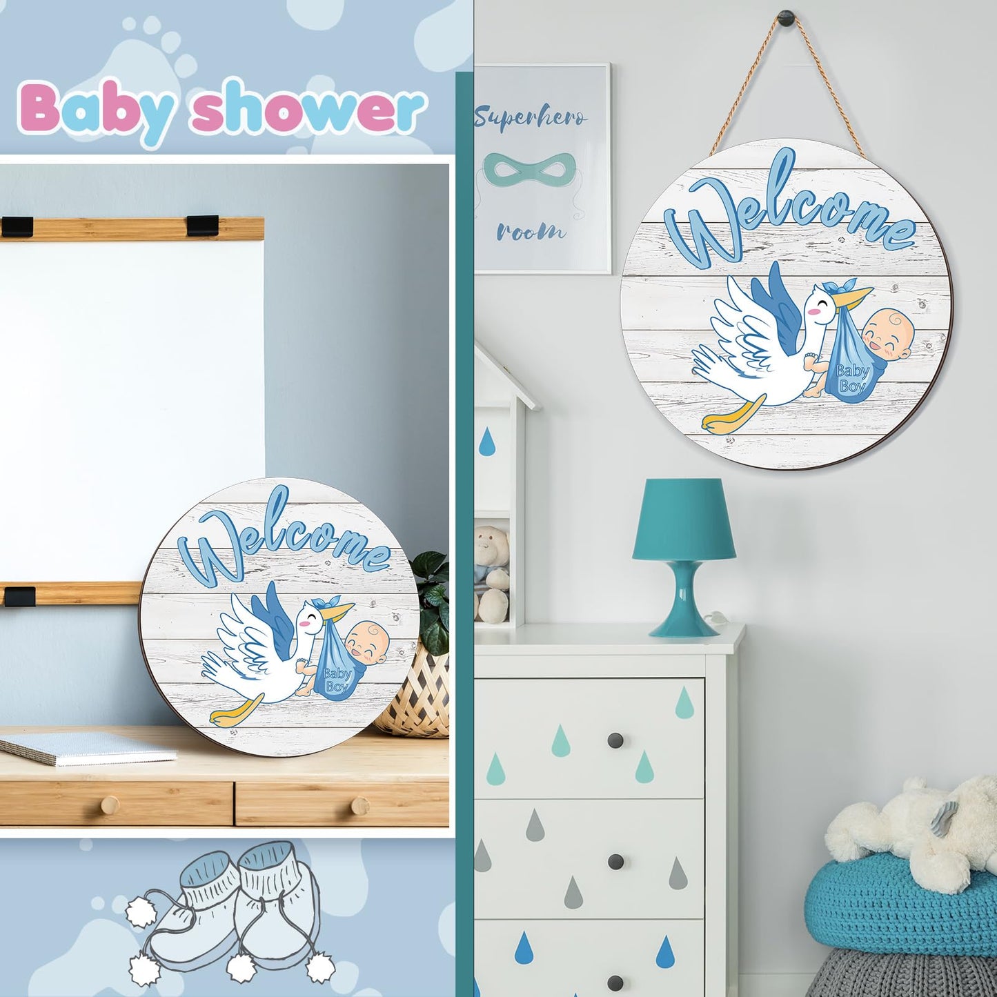 Chunful Baby Boy Door Sign Gender Reveal Welcome Sign Hanging Wreath Round Rustic Wood Farmhouse Decorations Holiday Front Door Decor for Baby Shower Porch Party Supplies