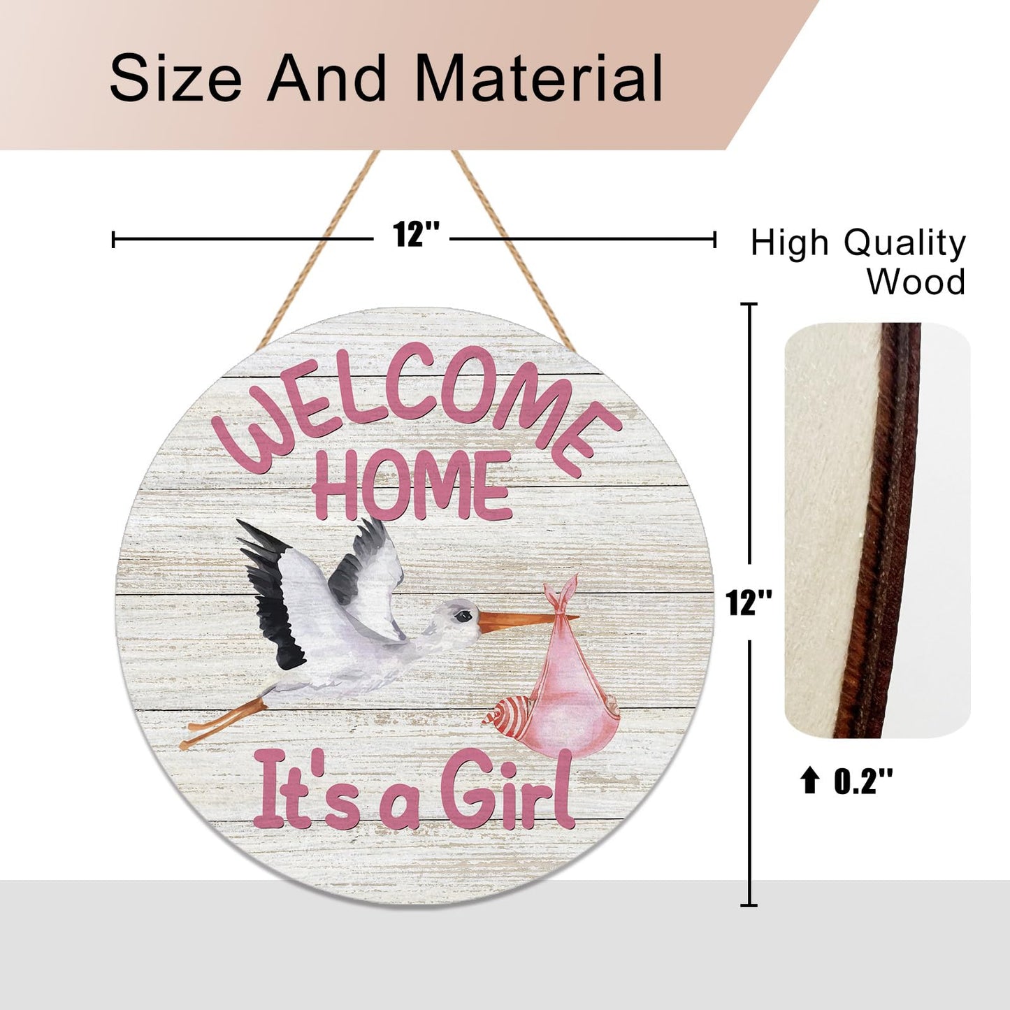 YINENA Welcome Home Baby Girl Door Sign Wood Door Hanger for Outdoor Outside Porch Farmhouse Newborn Gender Reveal Stork Wooden Indoor Wall Hanging Decoration
