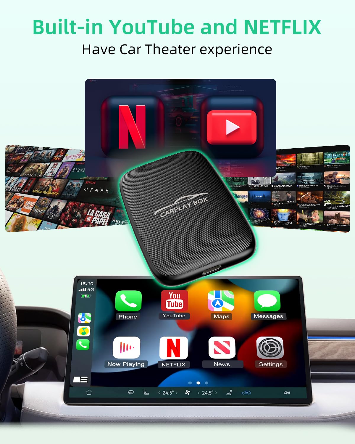 5 in 1 Wireless CarPlay Adapter with Netflix YouTube, 2025 New Carplay Wireless & Android Auto Adapter Converts Wired to Wireless Carplay Dongle Magic CarPlay Ai Box Streaming Video for iPhone/Android