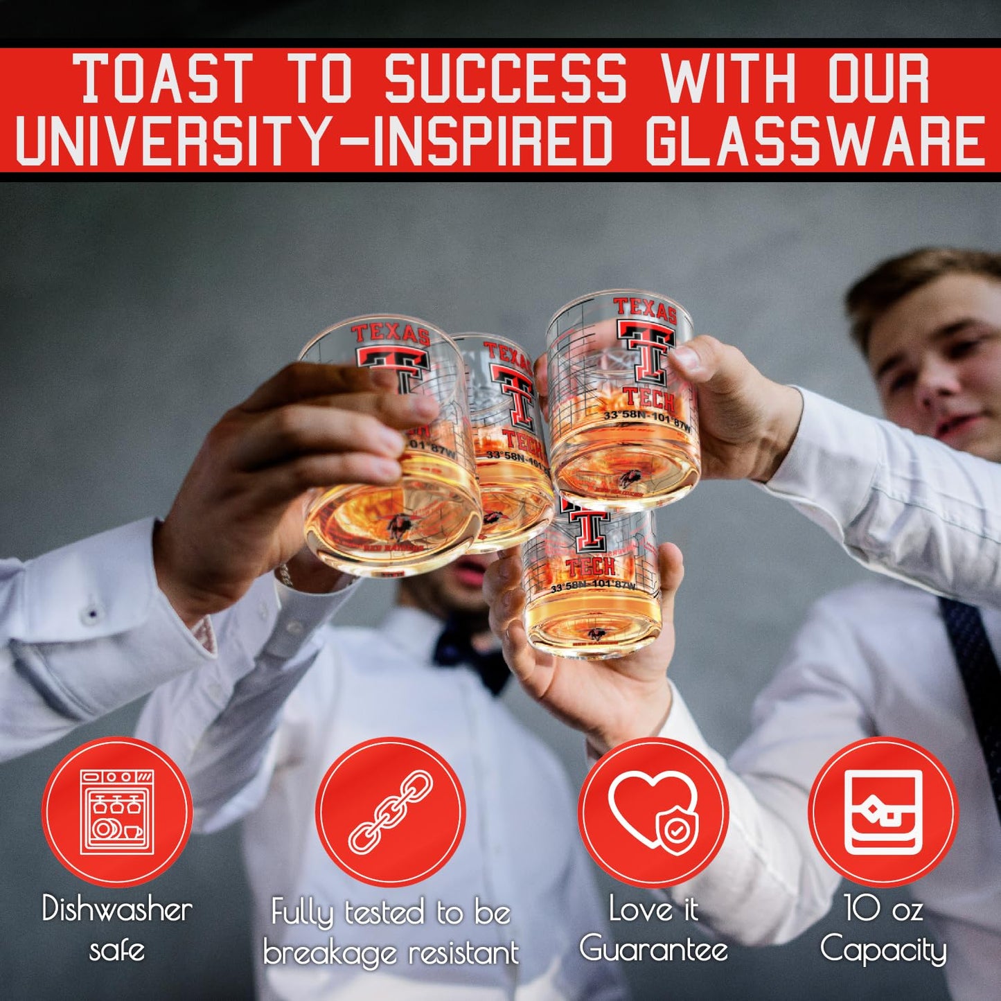 Greenline Goods Texas Tech University Whiskey Glass Set (2 Low Ball Glasses) - Contains Full Color Raider Red Logo & Campus Map - Gift Idea for Texas Tech College Grads & Alumni - Glassware