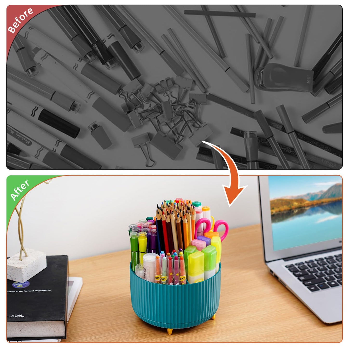 Marbrasse Desk Organizer, 360-Degree Rotating Pen Holder for Desk, Desk Organizers and Accessories with 5 Compartments Pencil Organizer, Art Supply Storage Box Caddy for Office, Home(Green)