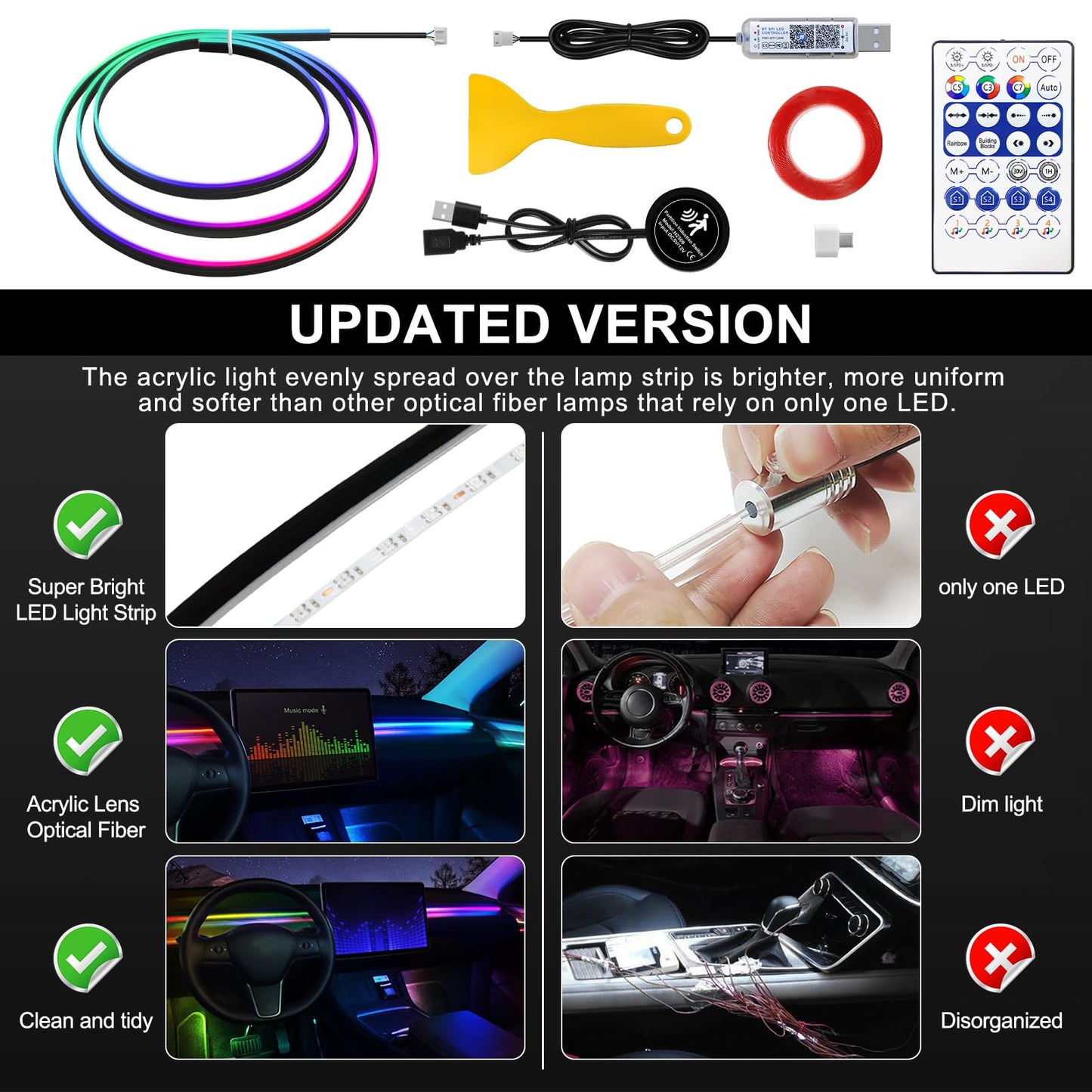 Tesla Model 3/Y/S/X Dreamcolor Acrylic Interior Car LED Strip Light with Motion Sensor Switch, 55.1 inches Tesla Neon LED Strip Light, RGB Colors Tesla Ambient Lighting Kits