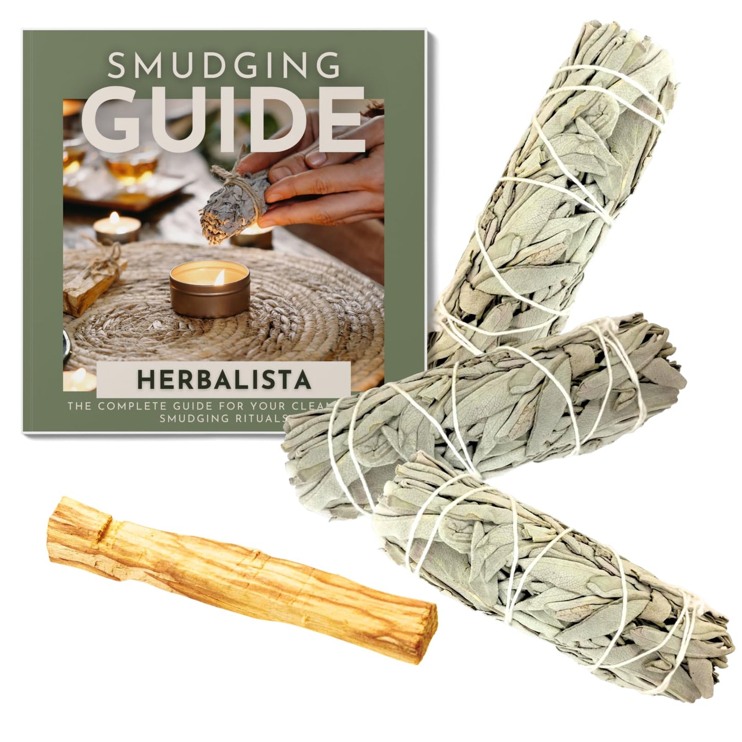 Herbalista - White Sage & Palo Santo Smudge Kit | 3 Pack 4'' White Sage Bundles + 1 Palo Santo Stick & Complete Guide | Premium Sage | Home Cleansing, Meditation, and Healing Rituals & Yoga