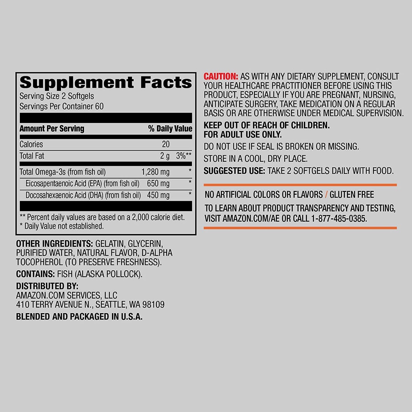 Amazon Elements Super Omega-3 with Natural Lemon Flavor, EPA & DHA Omega-3 fatty acids, 120 Count (1280 mg per serving, 2 Softgels) (Packaging may vary)