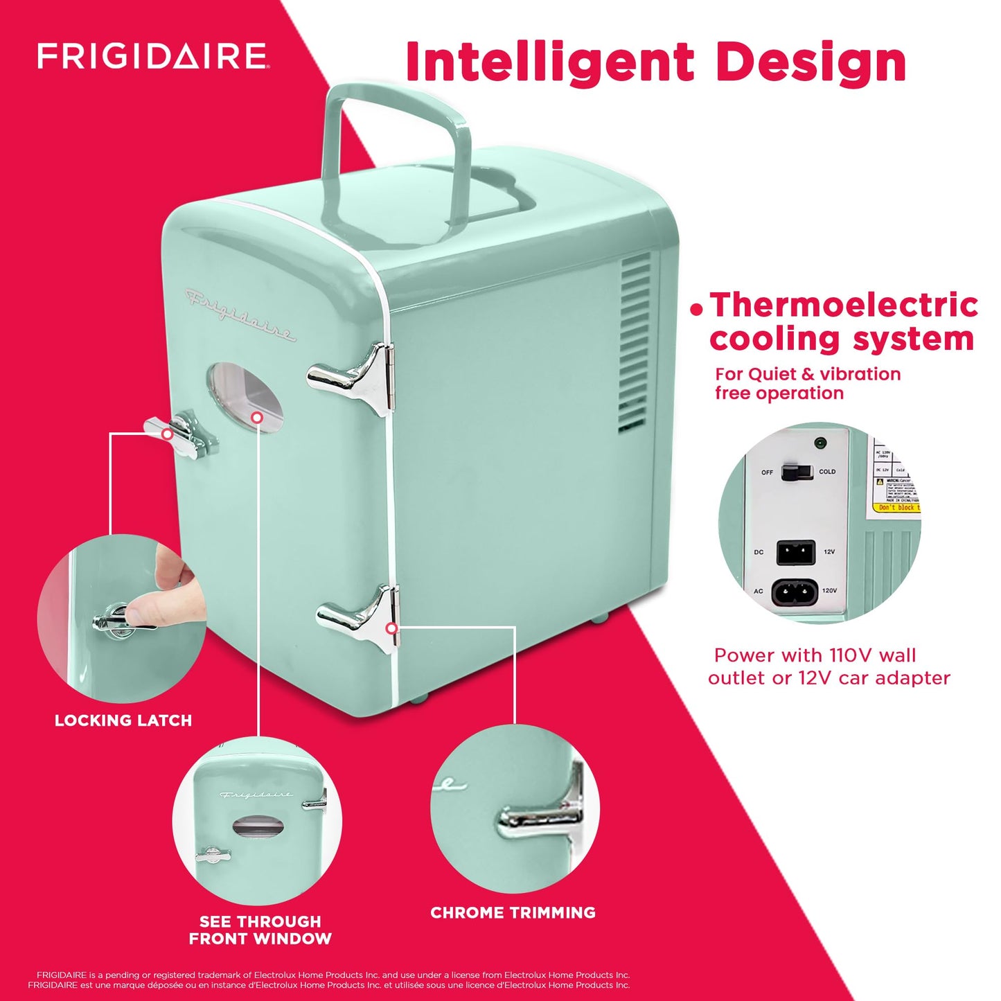 Frigidaire EFMIS129-MINT Mini Personal Fridge Cooler, 1 Gal Capacity fits Six Cans, Includes Plugs for Home Outlet & DC Charger-9.84" D x 7.09" W x 10.35" H