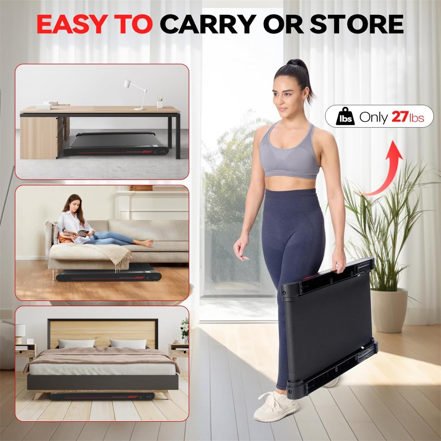 Walking Pad Treadmill with APP, 3 in 1 Under Desk Treadmill, 2.5HP Low Noise Walking Vibration Pad with Remote Control,Portable Treadmills for Home Office, Red