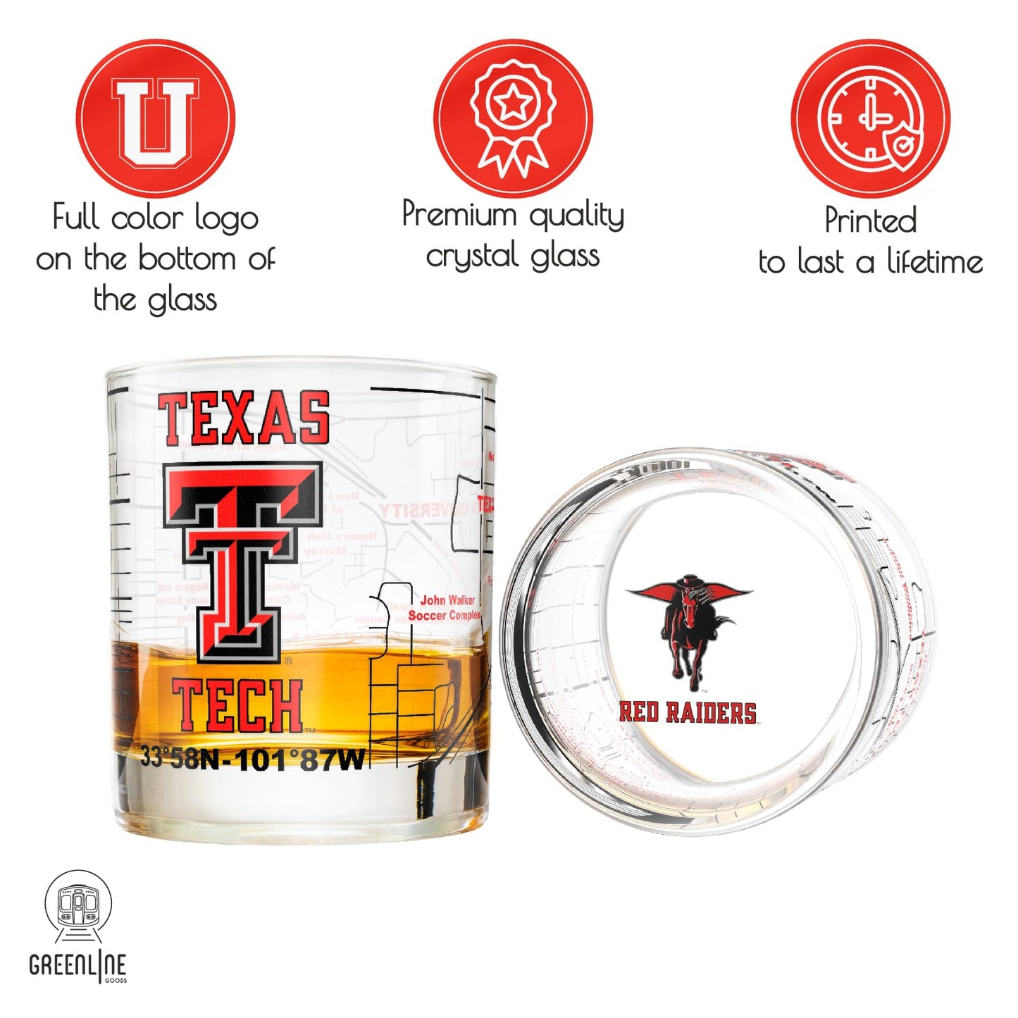 Greenline Goods Texas Tech University Whiskey Glass Set (2 Low Ball Glasses) - Contains Full Color Raider Red Logo & Campus Map - Gift Idea for Texas Tech College Grads & Alumni - Glassware