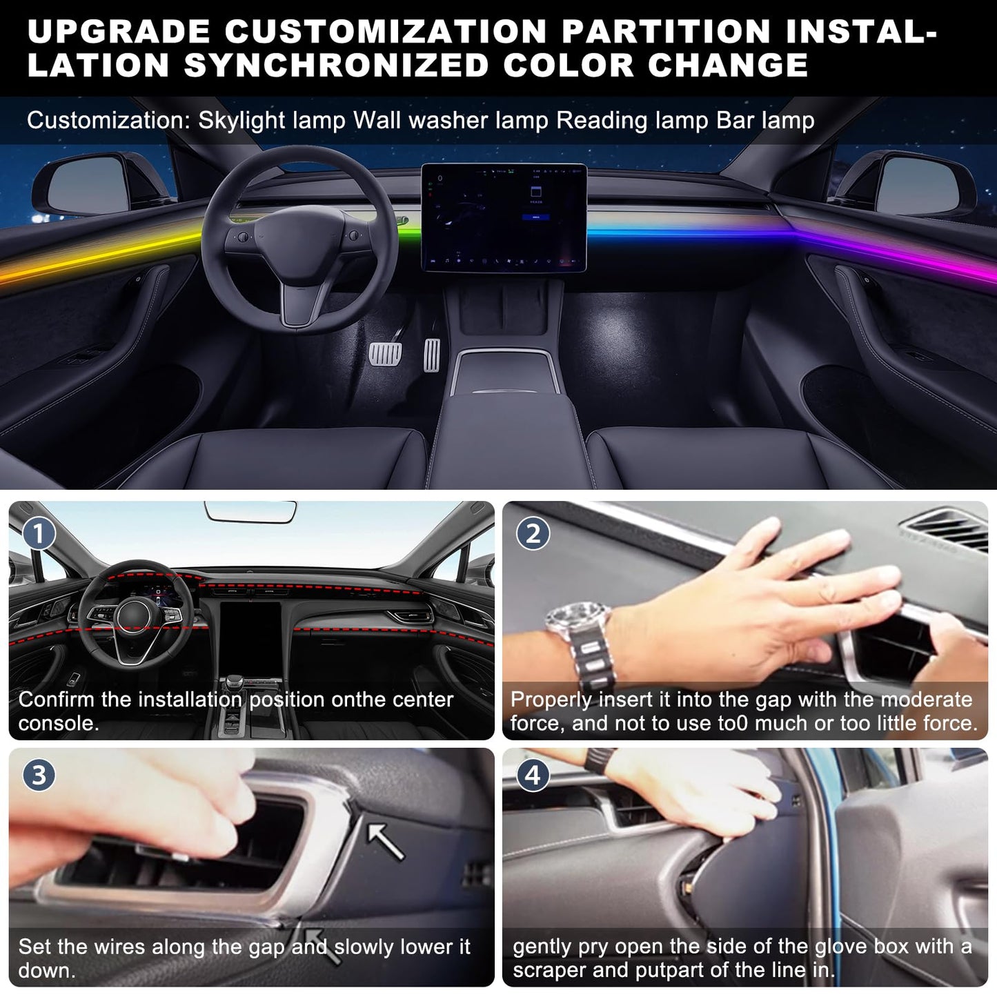 Tesla Model 3/Y/S/X Dreamcolor Acrylic Interior Car LED Strip Light, 55.1 inches Fiber Optic Tesla Ambient Lighting Kits, 16 Million Colors Sound Active Function Neon LED Strip for Car
