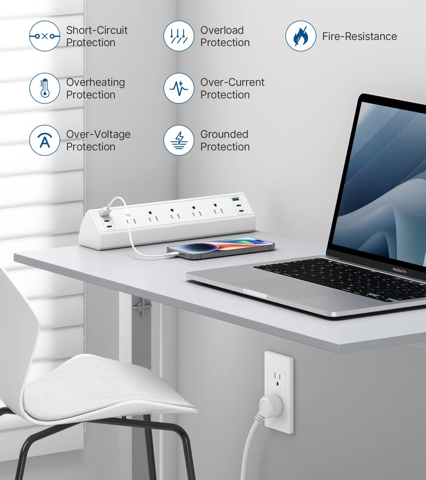 Desk Clamp Power Strip USB C,40W Total Fast Charging Station,4 PD 20W USB C Ports, Nightstand Edge Mount Power Strip with 5 AC Outlets Surge Protector,6ft Cord,Fit 1.96" Tabletop Edge