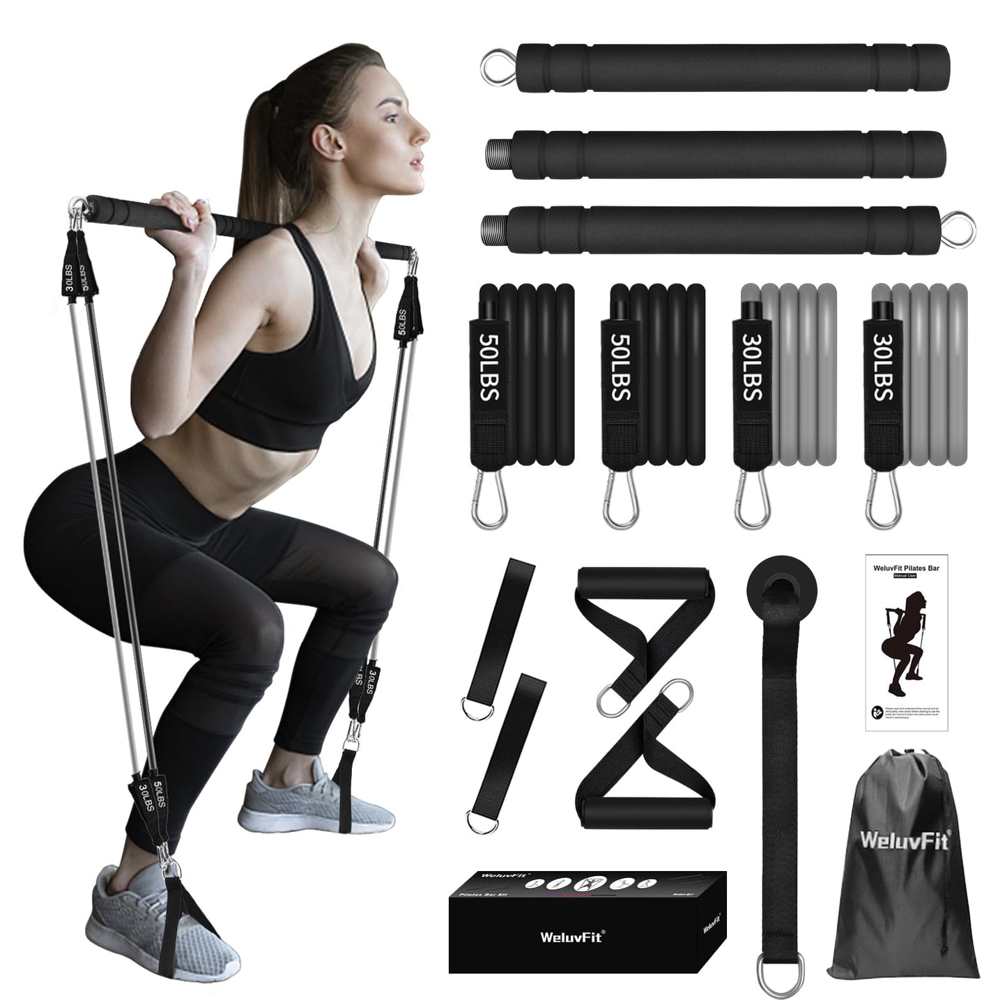 Pilates Bar Kit with Resistance Band-Multifunctional Portable Weighted Exercise Pilates Bar, Home Gym with Beginner Workout Equipment, Yoga Set for Full Body