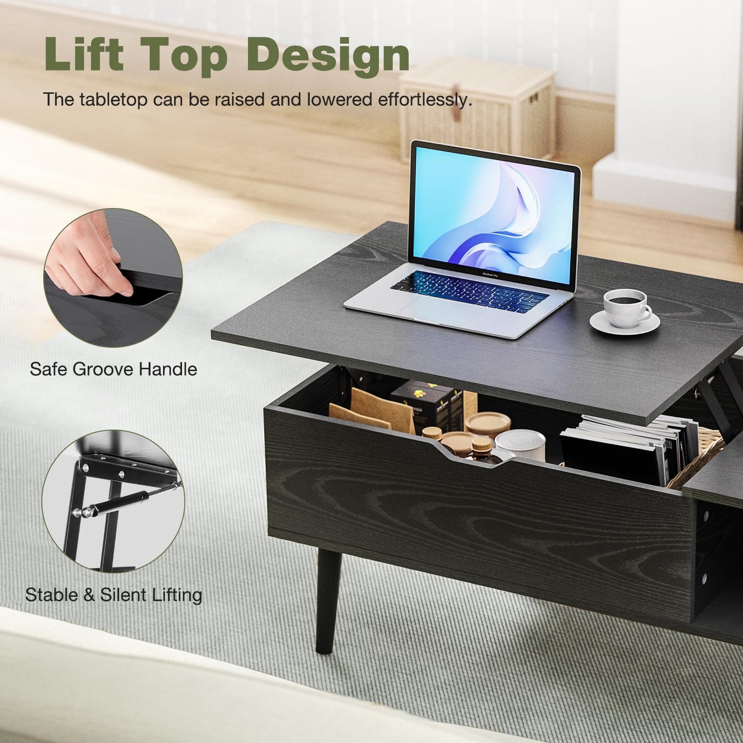 Wood Lift Top Coffee Table with Hidden Compartment and Large Storage Shelf, Lift Tabletop Dining Center Table for Home Living Room Office, Black
