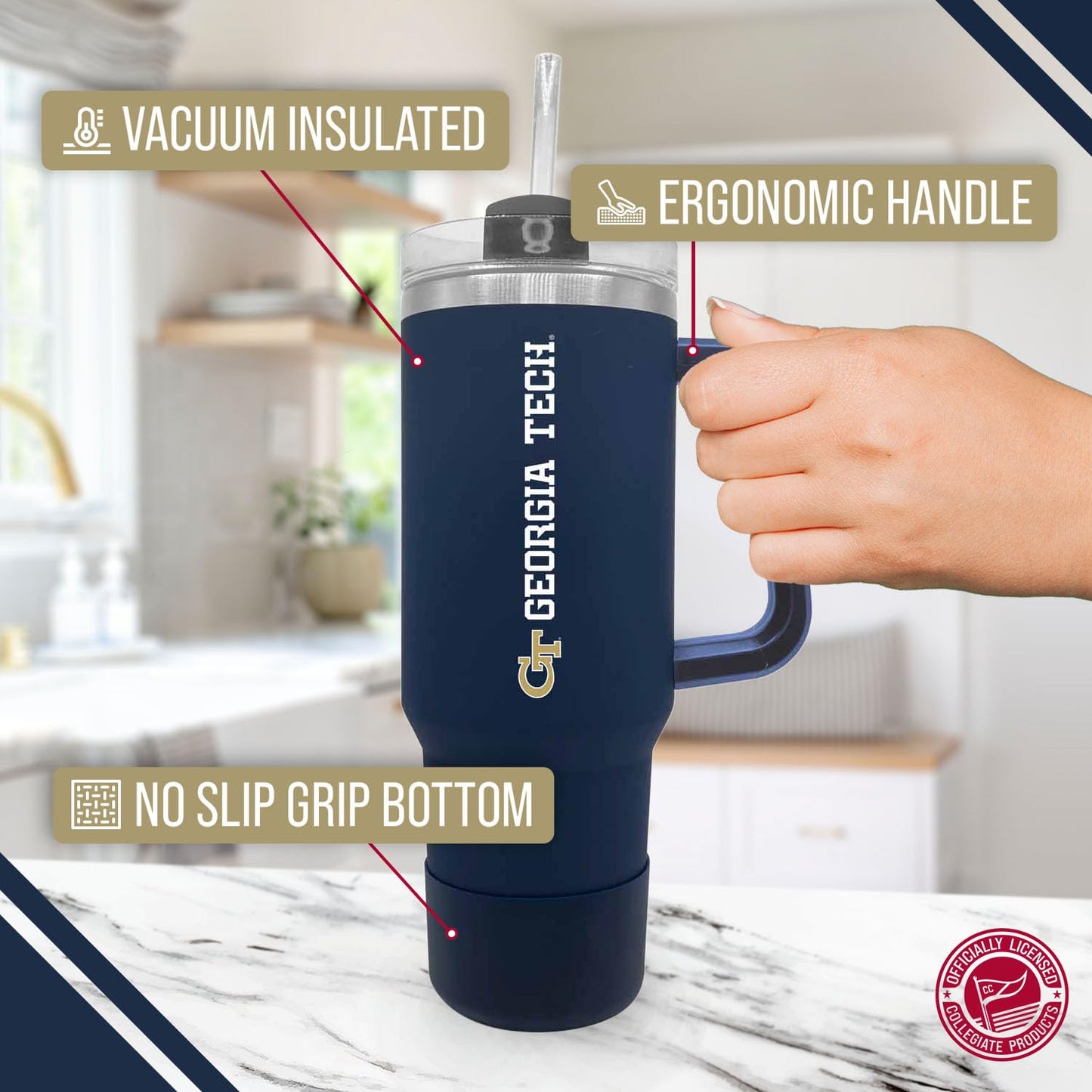 Campus Colors College & University 40 oz Travel Tumbler With Handle - Dual Option Lid With Straw - Vacuum Insulated Stainless Steel (Georgia Tech Yellowjackets - Navy)