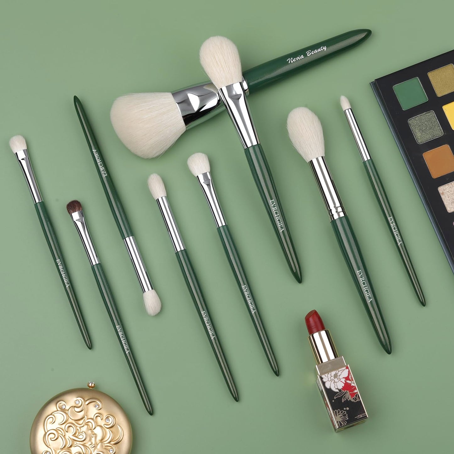 Natural Goat Hair Makeup Brushes Set Labeled 9 Piece Face and Eye Brush Set Ultra soft hair Foundation, Concealer, Blush, Contour, Blending, Eyeshadow Kabuki travel makeup brush set (green)