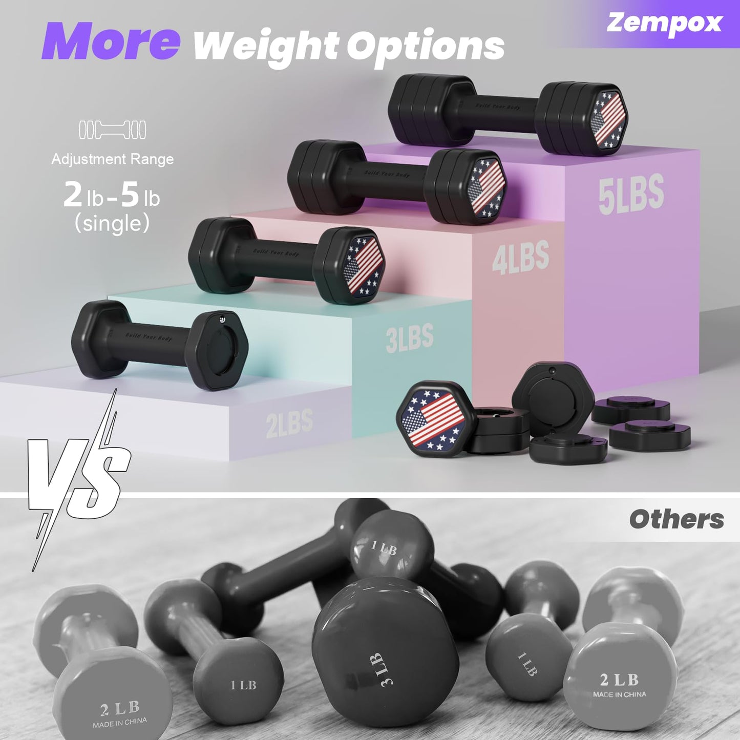 Zempox Adjustable Dumbbell Set of 2, 4 in 1 Hand Weights for Women at Home, 5 lb Weights Dumbbells set of 2, Each 2lb 3lb 4lb 5lb with TPU Soft Rubber Handle for Home Gym Exercise Training, Black