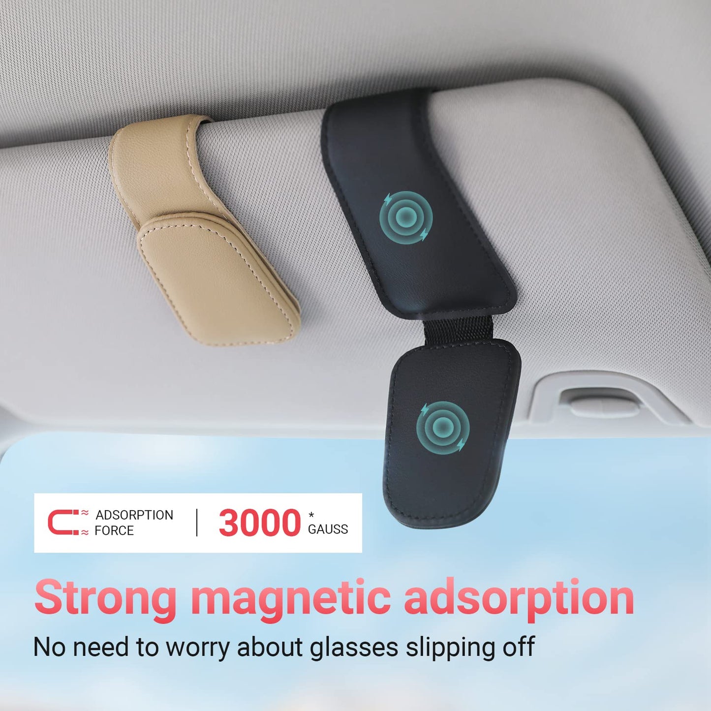 KanSmart Sunglass Holder for Car Sun Visor, Magnetic Sunglasses Clip, Leather Glasses Eyeglass Holder and Ticket Card Clip, Auto Interior Accessories Universal for Car SUV Truck Pickup -Black