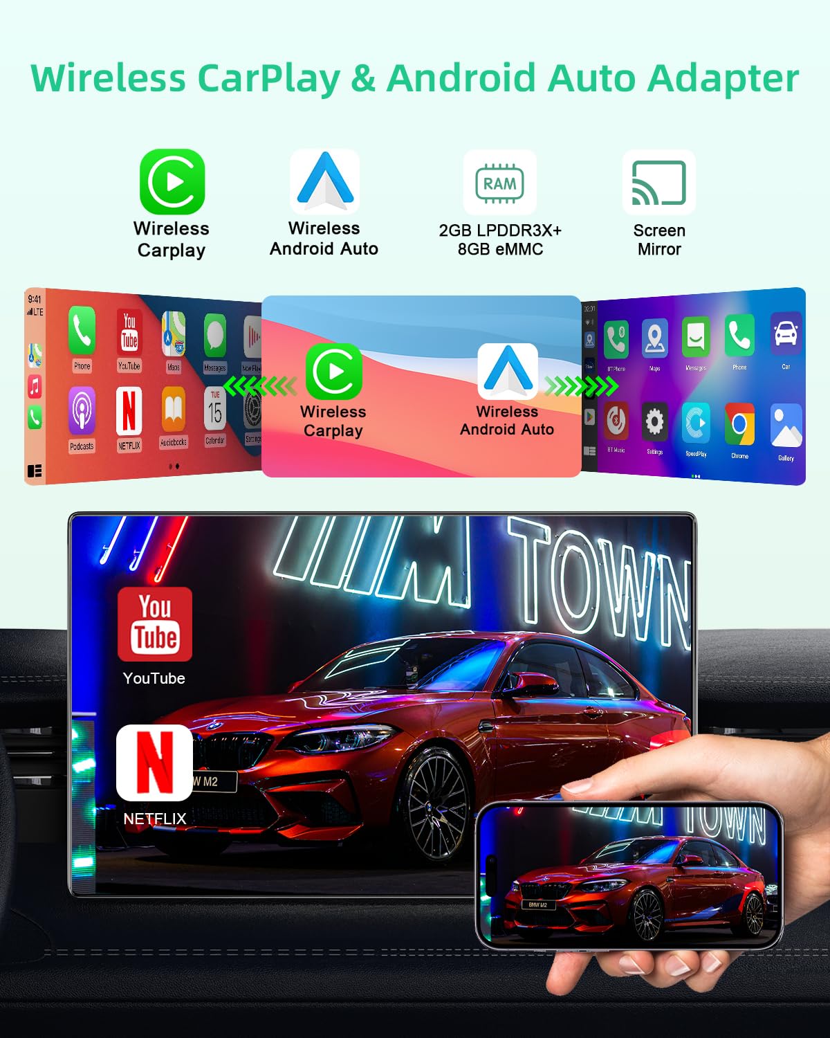 5 in 1 Wireless CarPlay Adapter with Netflix YouTube, 2025 New Carplay Wireless & Android Auto Adapter Converts Wired to Wireless Carplay Dongle Magic CarPlay Ai Box Streaming Video for iPhone/Android