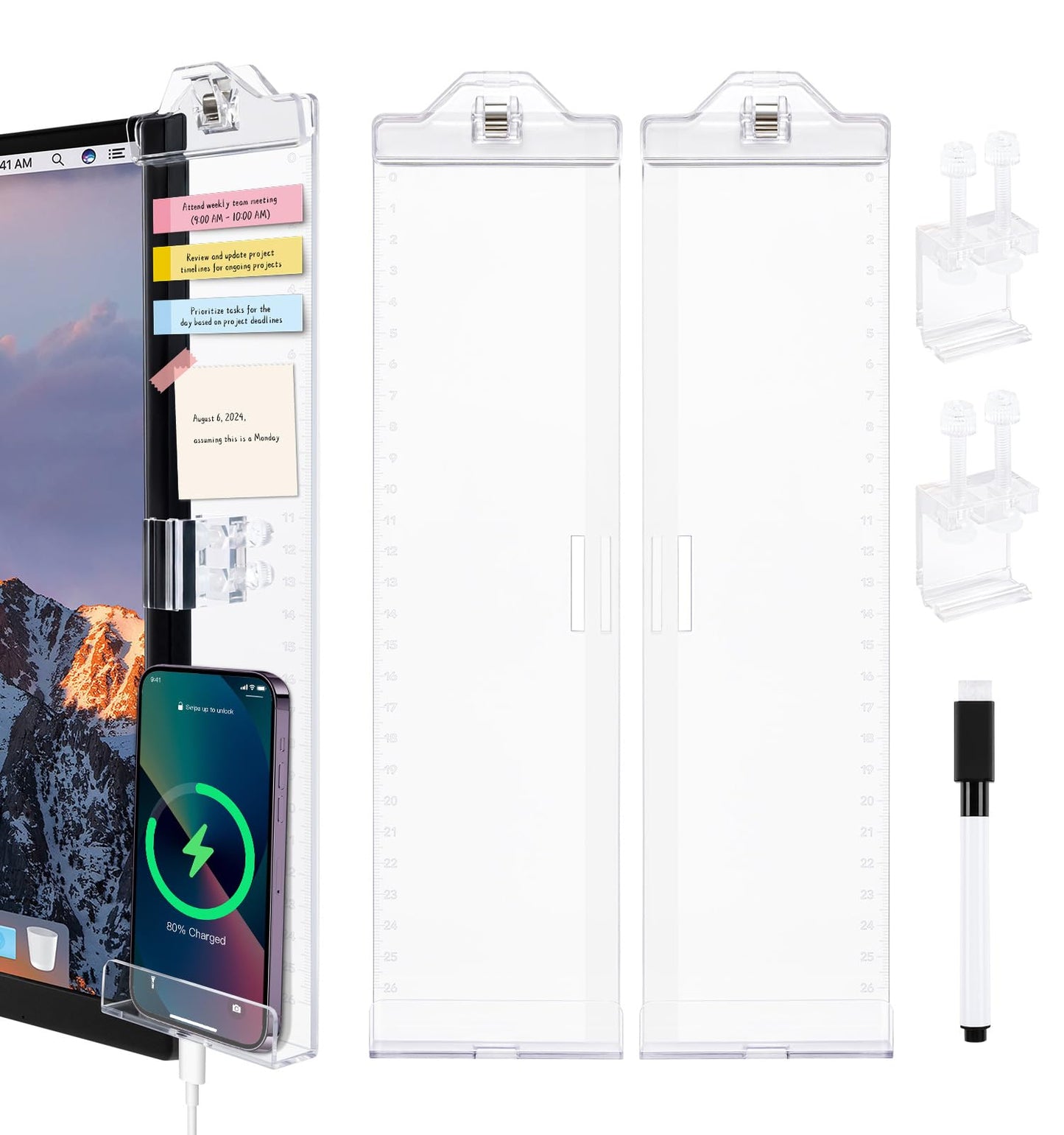 Office Desk Accessories, Acrylic Monitor Memo Boards for Computers, 2PCS (Left & Right) Multifunction Sticky Note Holder for Computer Screen, Home Office Accessories Desktop Message Office Decor