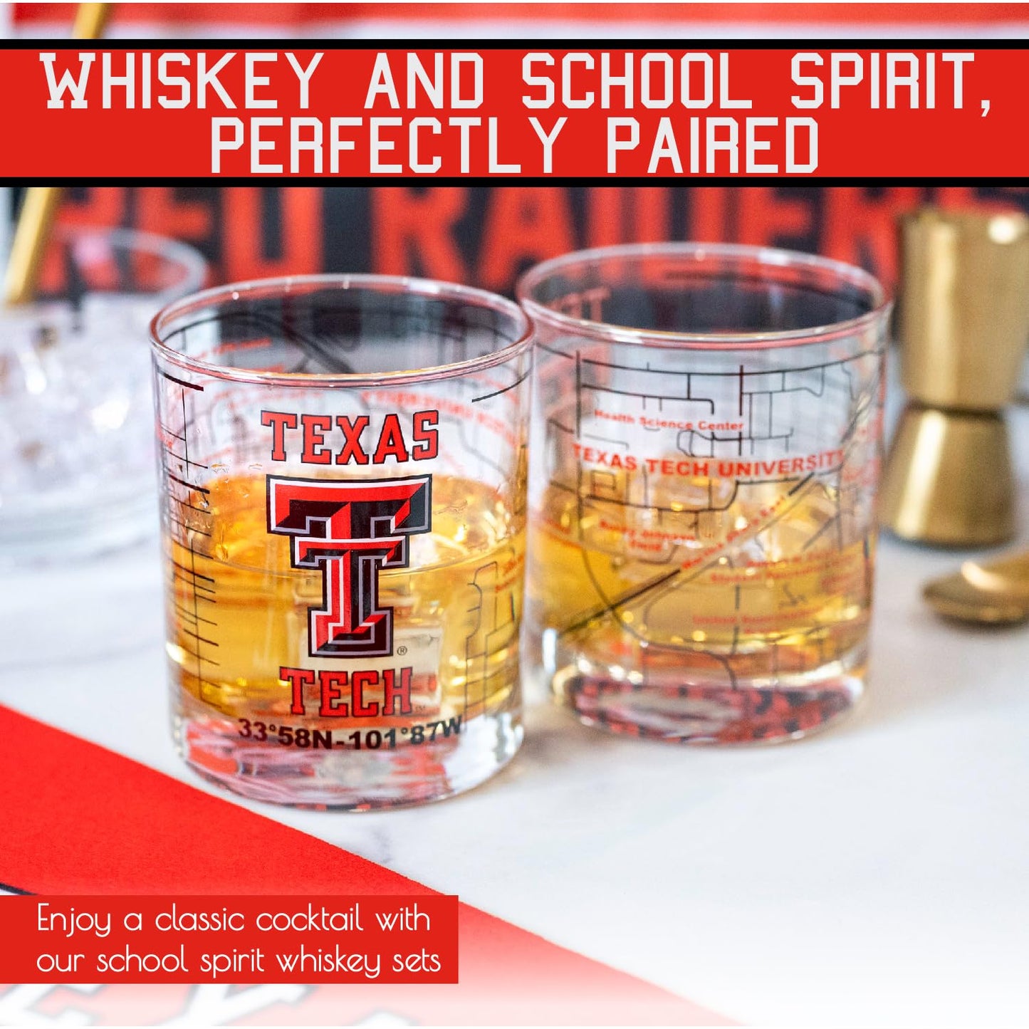 Greenline Goods Texas Tech University Whiskey Glass Set (2 Low Ball Glasses) - Contains Full Color Raider Red Logo & Campus Map - Gift Idea for Texas Tech College Grads & Alumni - Glassware