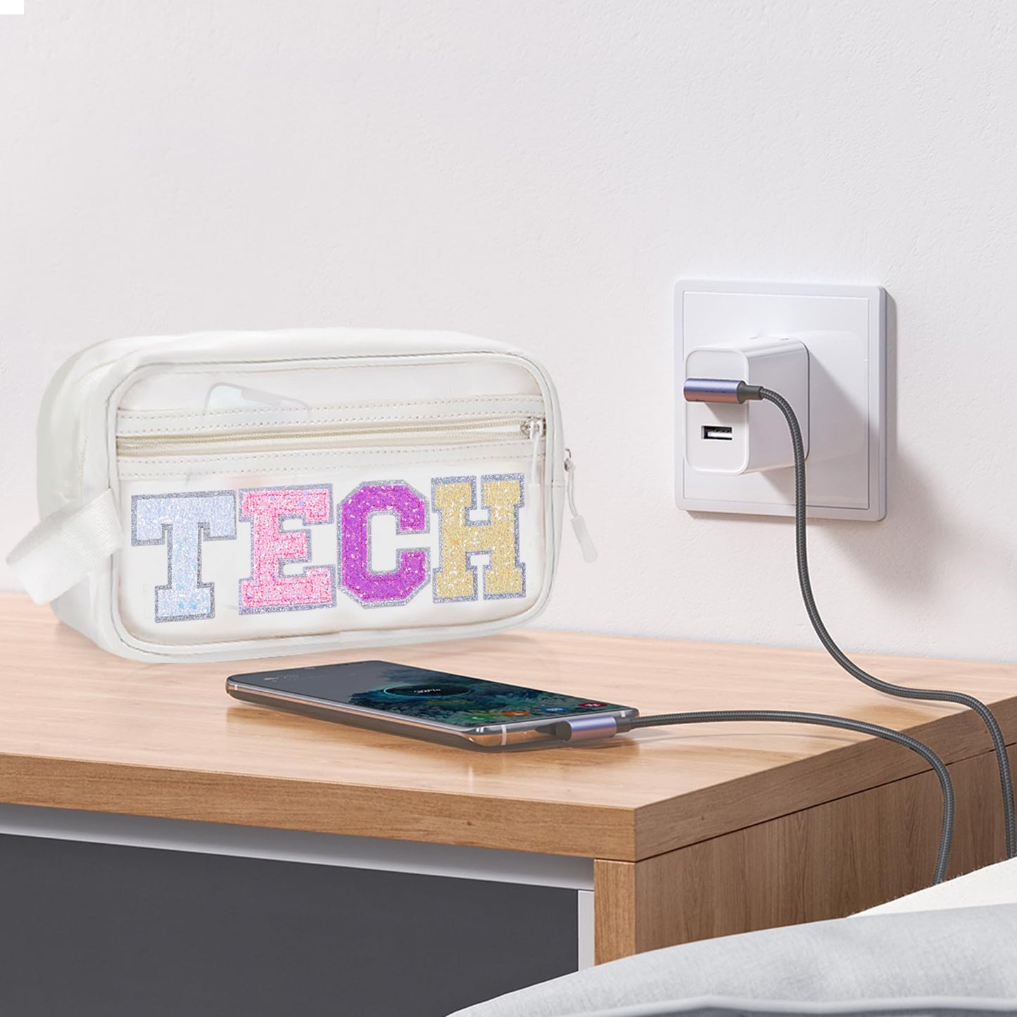 COSHAYSOO Clear Electronic Accessories Storage Bag Preppy Letter Patch Travel Pouch for Women Teens Girls, Cable Cord Charger Phone Earphone Organizer Trendy Traveling Must Have Essentials (TECH)