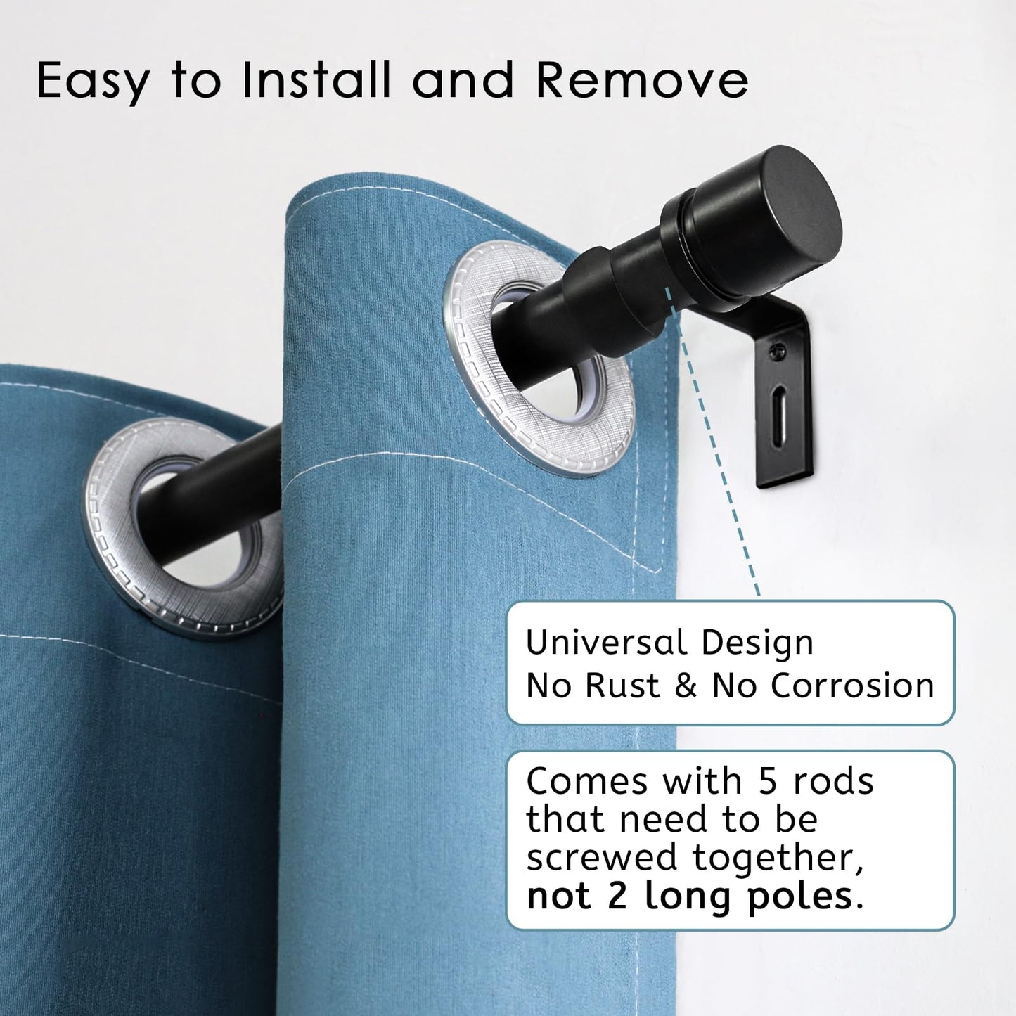 Byondeth Curtain Rods for Windows 16 to 88 Inches Adjustable Length 1 Inch Diameter Window Curtain Rod with Aluminium Finials, Black