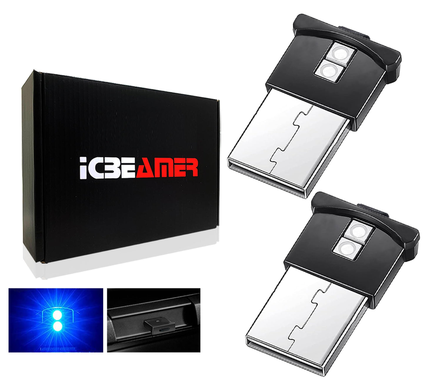 ICBEAMER 2 pcs Mini Smart USB Type-A | Color: Blue | LED Night Light for Car Interior, Trunk, Center Console. Easy Plug-in, Enhance Automotive Ambiance, Perfect for Night Use.