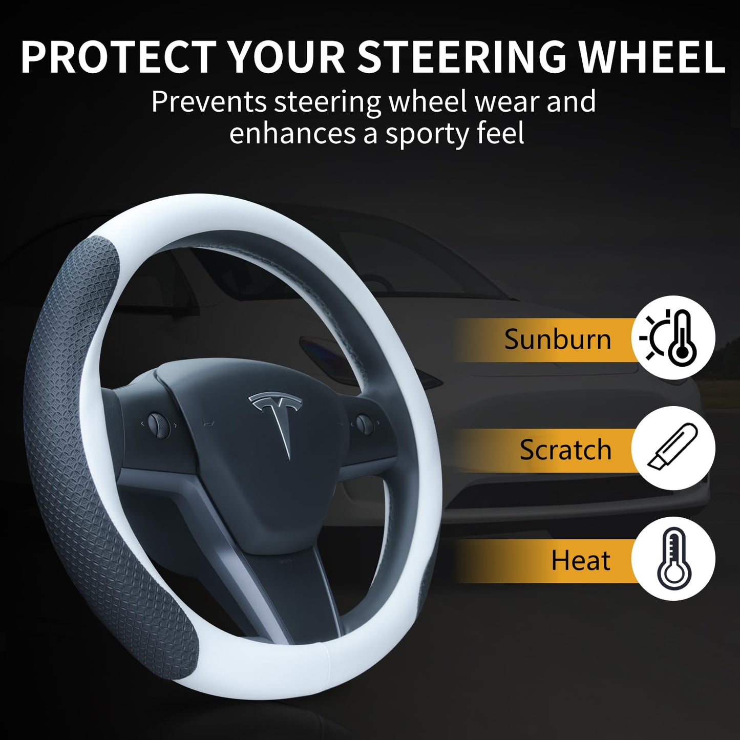 Uxcer Nappa Leather Steering Wheel Cover for Tesla Model 3/Y 2016-2025, Non-Slip Breathable Tesla Model 3/Y Steering Wheel Protector, White