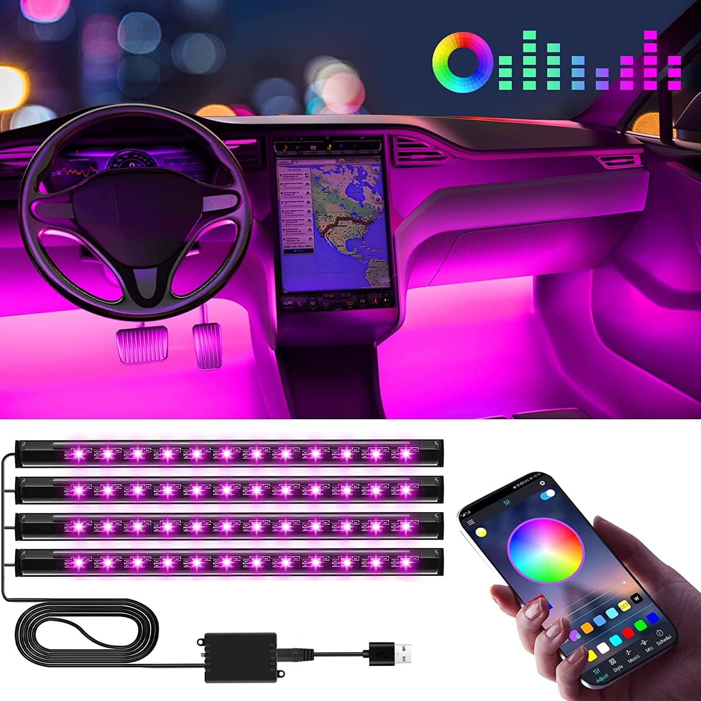 Winzwon Mothers Day Gifts for Mom, Interior Led Lights for Car Accessories for Women Men, Birthday Gifts for Men Him, APP Control with USB Port Music Sync Color Change Lights for Jeep Truck Decor, 12V