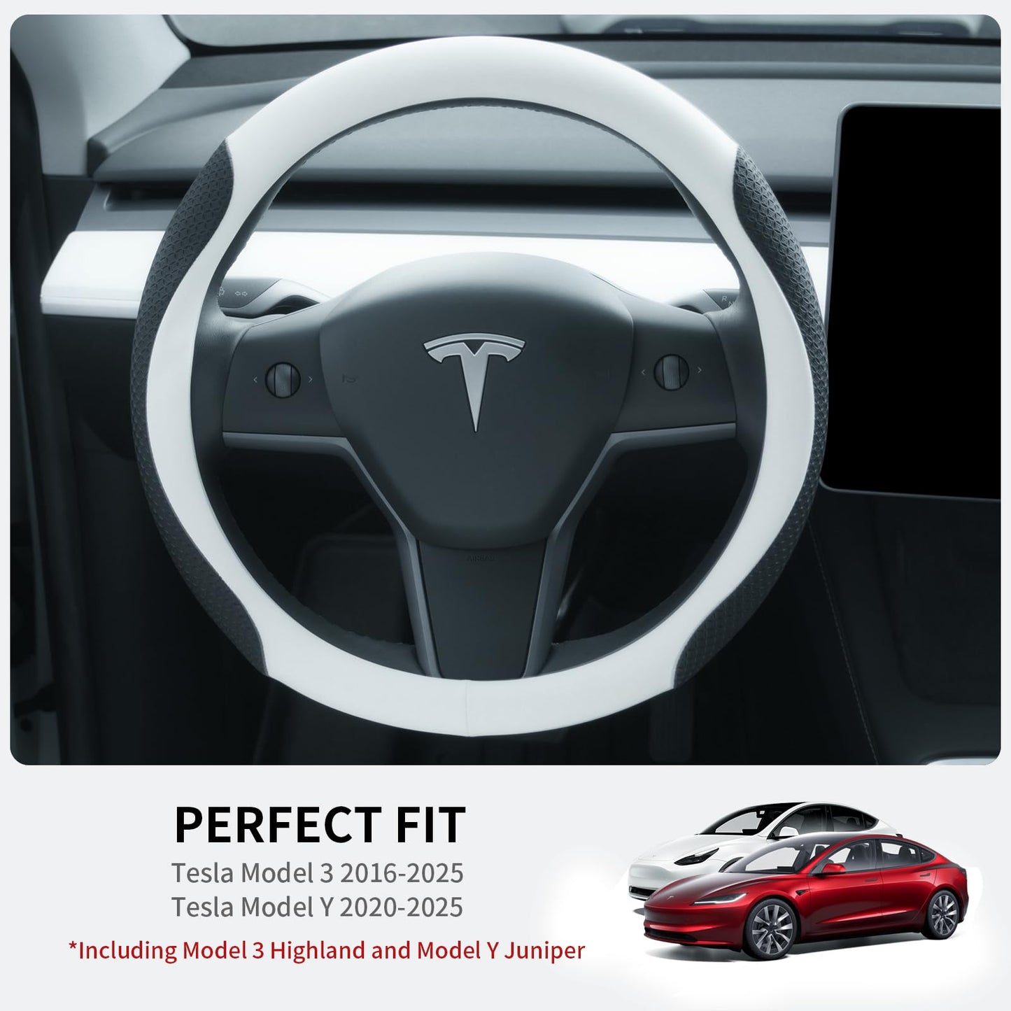 Uxcer Nappa Leather Steering Wheel Cover for Tesla Model 3/Y 2016-2025, Non-Slip Breathable Tesla Model 3/Y Steering Wheel Protector, White