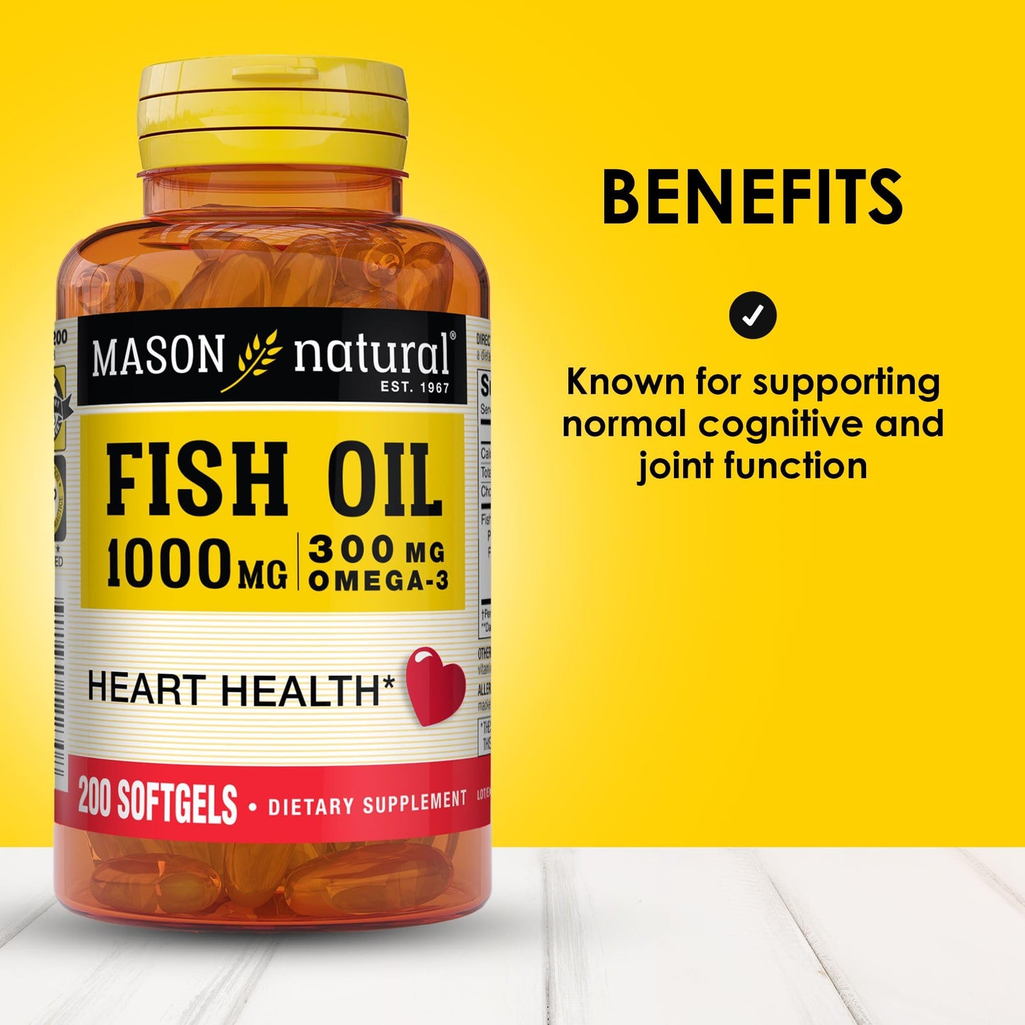 Mason Natural, Omega 3 Fish Oil 1000mg Softgels, Bonus Size 200-Count Bottle, Dietary Supplement Supports Heart, Eye, Brain and Joint Health with Omega 3 Fatty Acid Healthy Fats