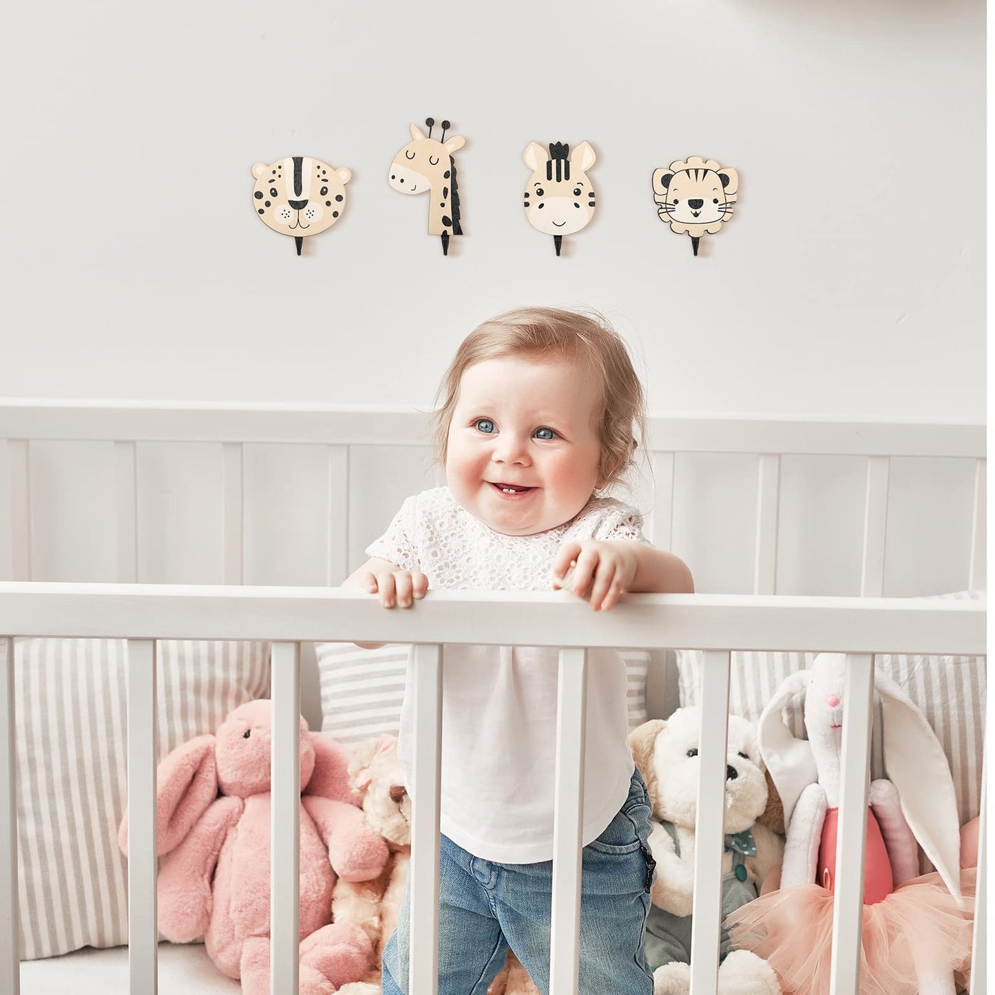 Qunclay 4 Pcs Decorative Wall Hooks Kids Wooden Baby Nursery Hooks Cute Safari Animal Construction Vehicle Towel Hanger for Childs Nursery Bathroom Bedroom Home Decor(Safari Animal)