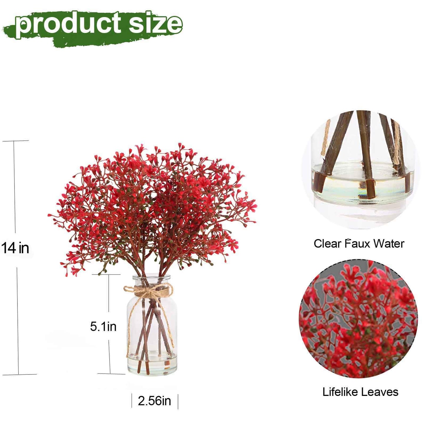 TSIPEKLO Babys Breath Artificial Flowers in Glass Vase with Faux Water, 14" Faux Baby Breath Plastic Red Flowers Fake Gypsophila Flower for Home Office Farmhouse Wedding Centerpiece Décor
