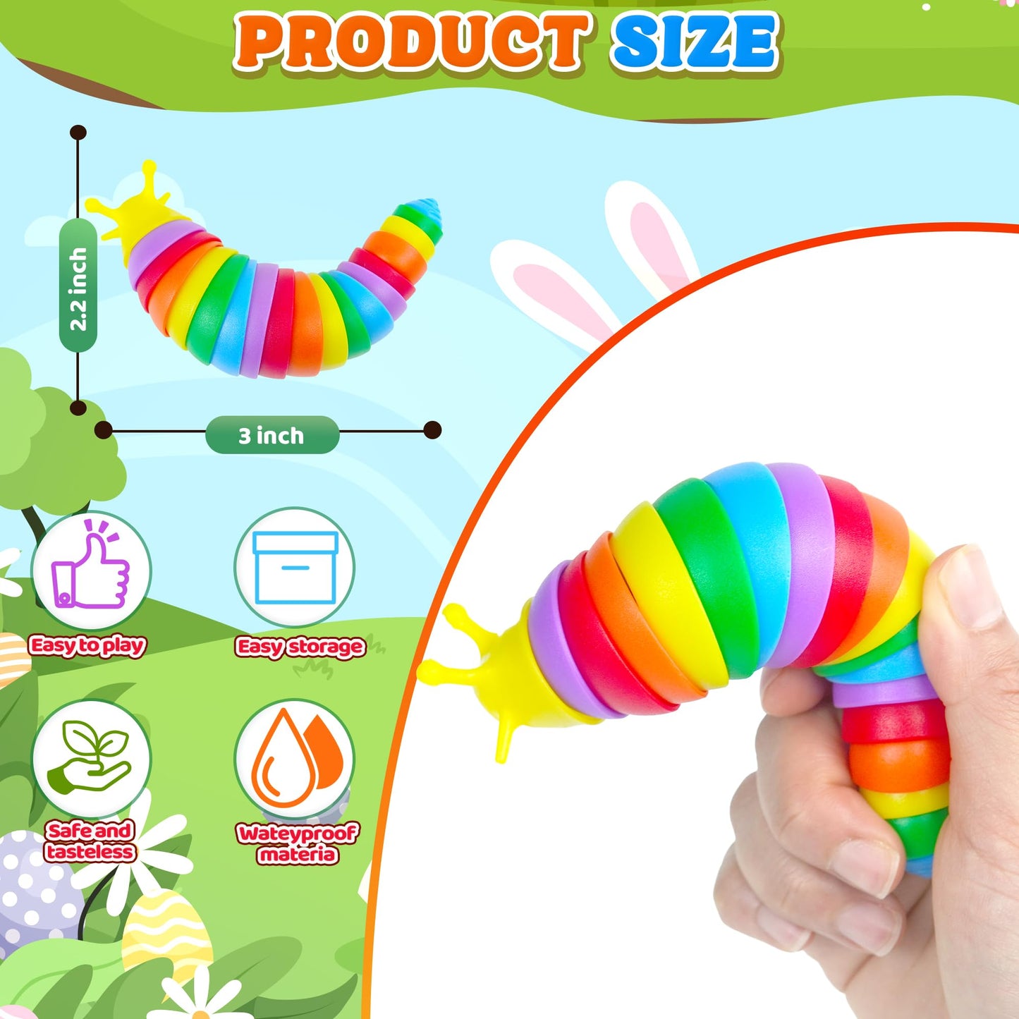 3PCS Sensory Fidget Slug Toys Pack, Easter Basket Stuffer for Toddler Kids Figette Worm for Adults Stress Relief ASMR Figit for Autism ADHD Autistic Caterpillar Travel Stim Toys Gifts for Boys Girls