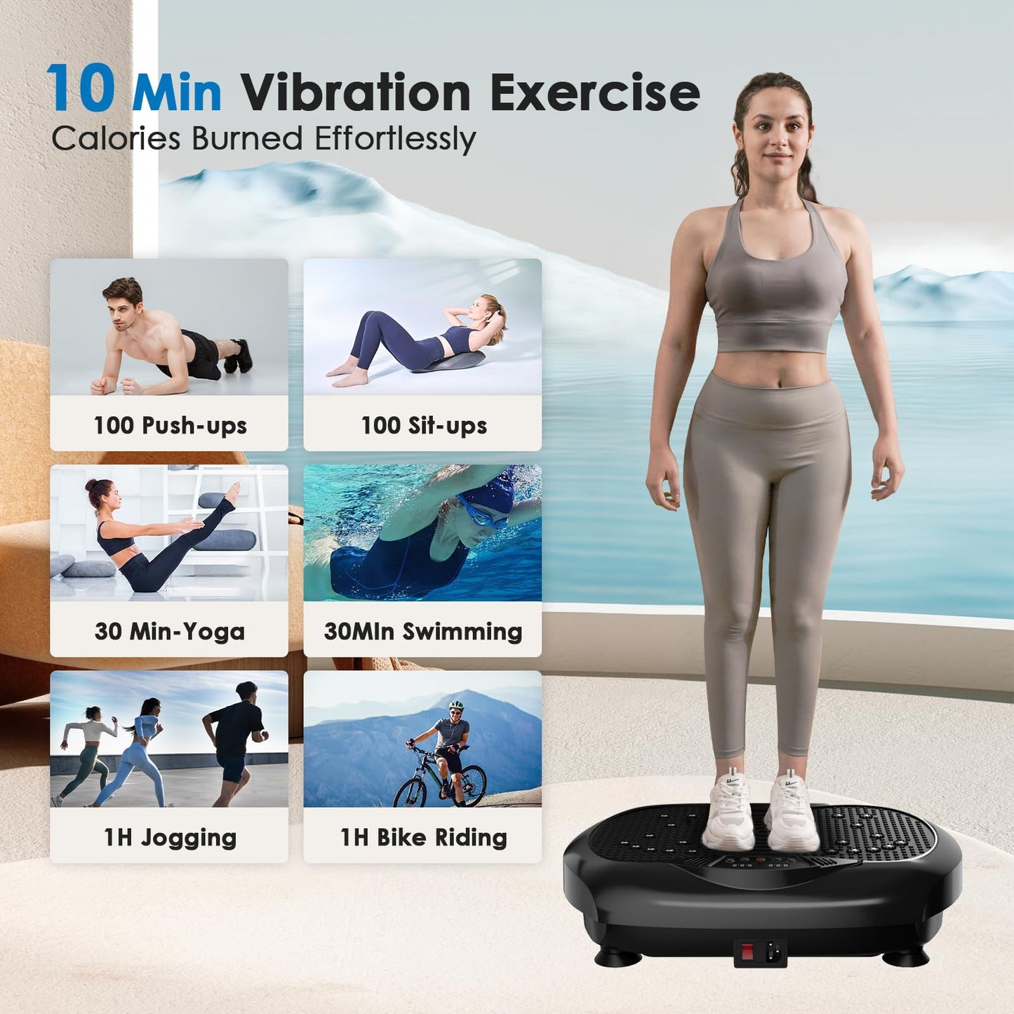Natini Vibration Plate Exercise Machine - Whole Body Workout Vibration Platform Lymphatic Drainage Machine for Weight Loss Home Fitness W/Pilates Bar Resistance Bands Remote - Black