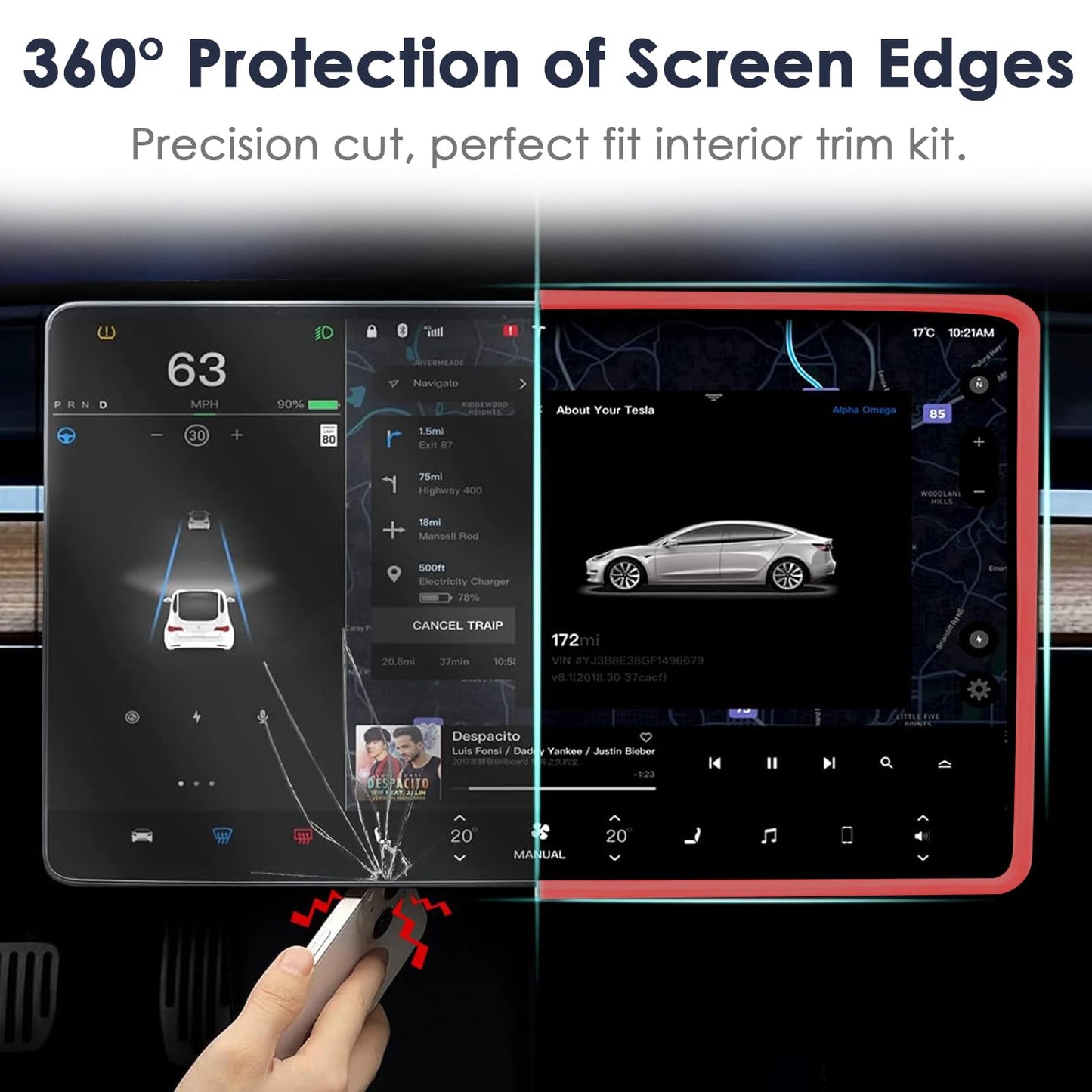 2PCS Protector Trim Frame Compatible with Tesla Model 3 Y 2019-2024 2025 Screen Edge Frame Rearview Mirror Cover Interior Silicone Decorations Center Console Decor Highland Juniper Accessories (Red)